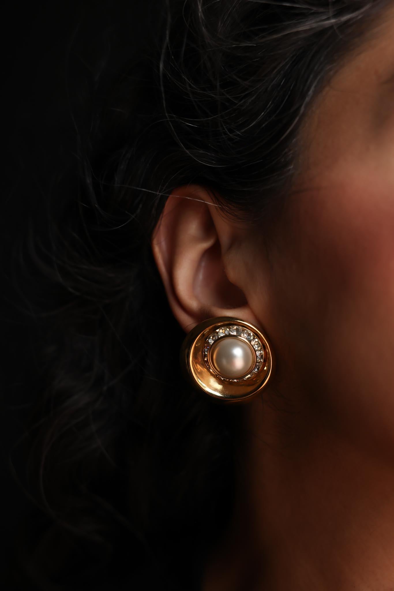 Round Gold-Tone Earrings with Faux Pearls and Rhinestones
