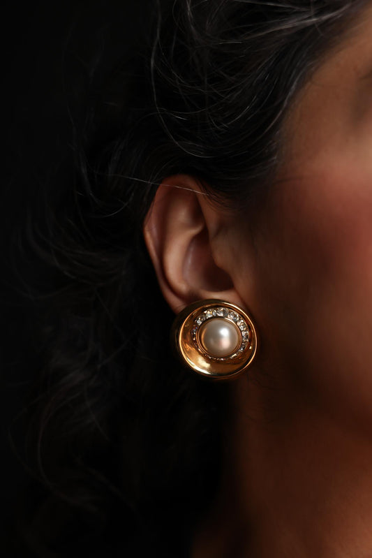 Round Gold-Tone Earrings with Faux Pearls and Rhinestones