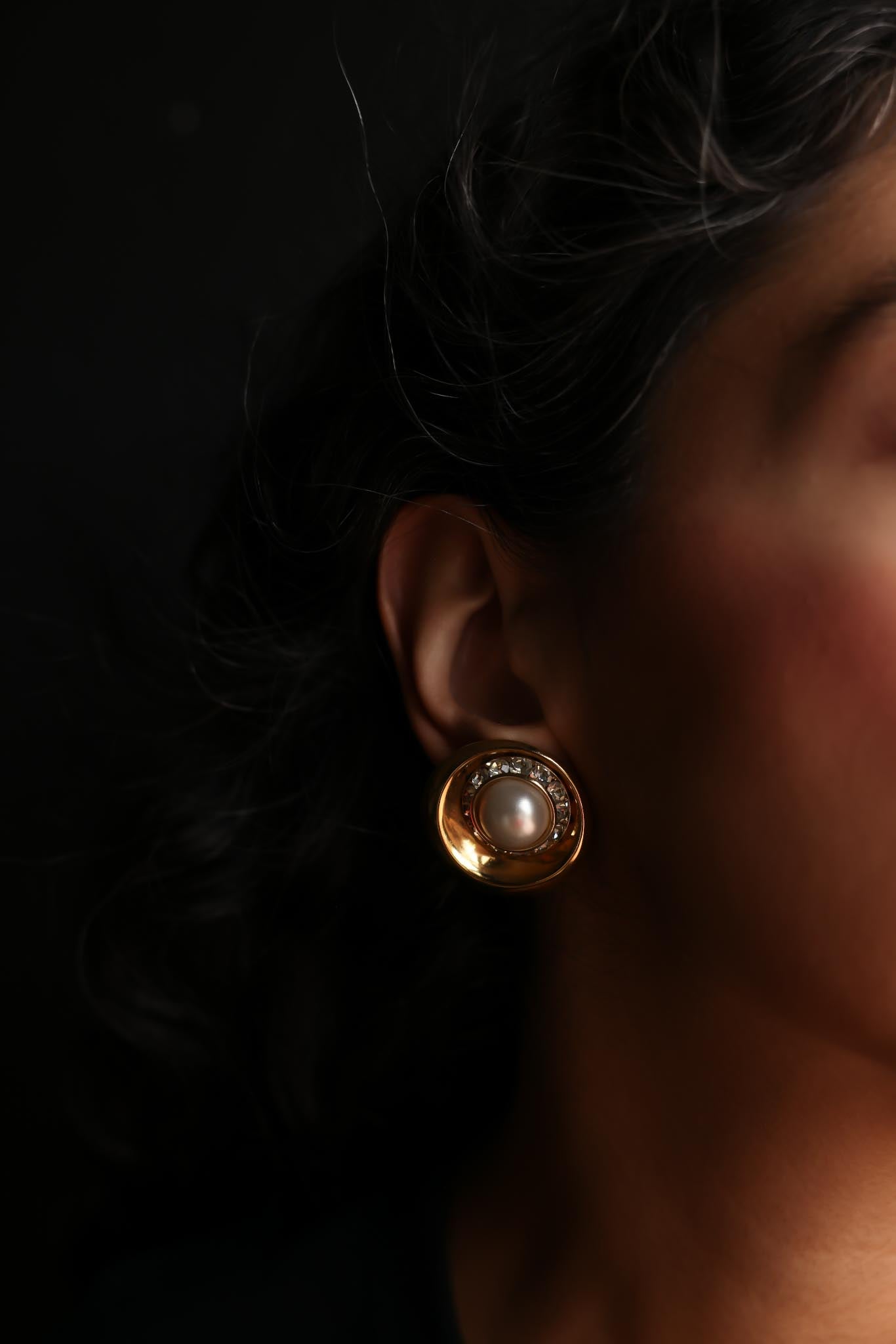 Round Gold-Tone Earrings with Faux Pearls and Rhinestones