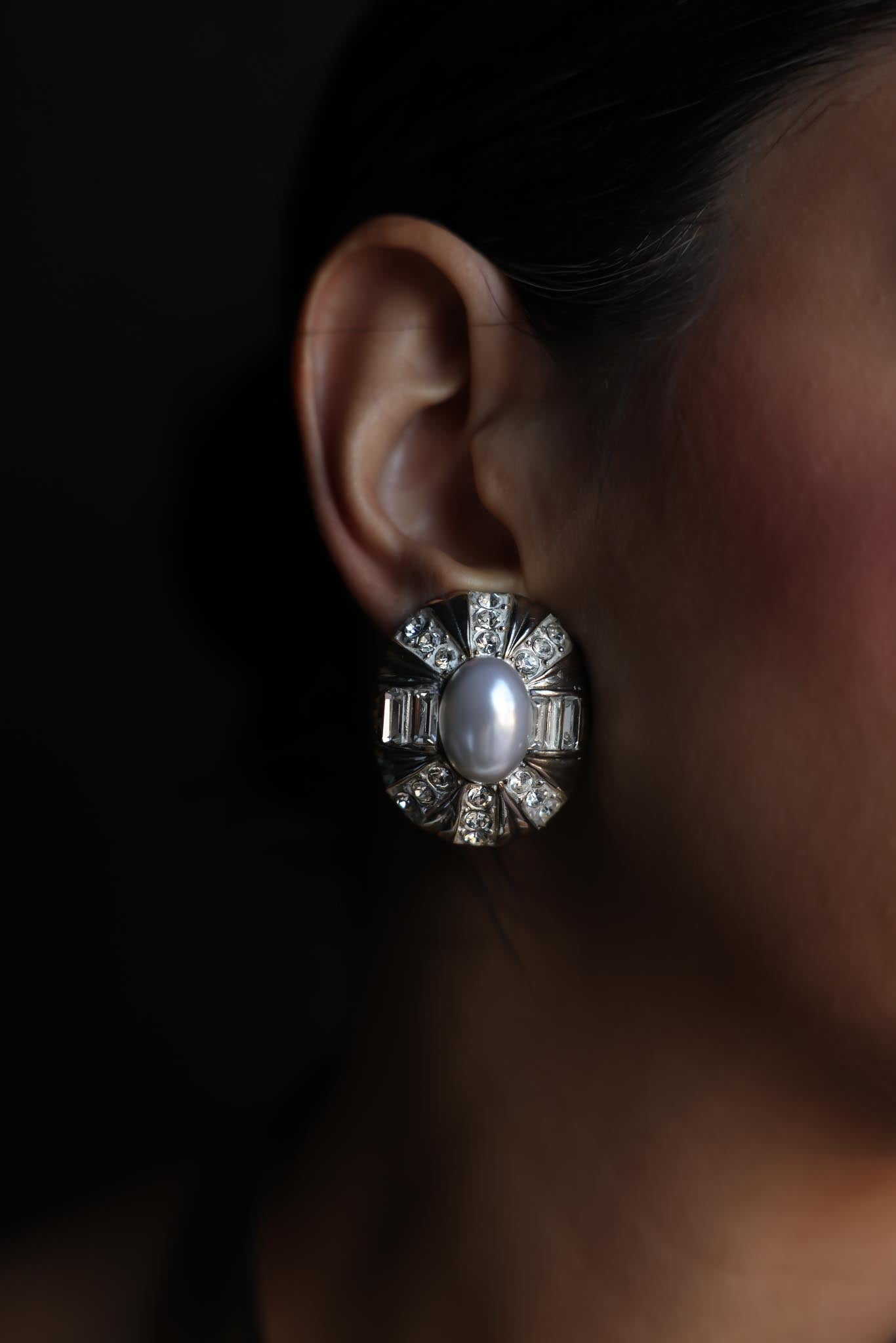 Silver-Tone Rhinestone and Faux Pearl Clip-On Earrings