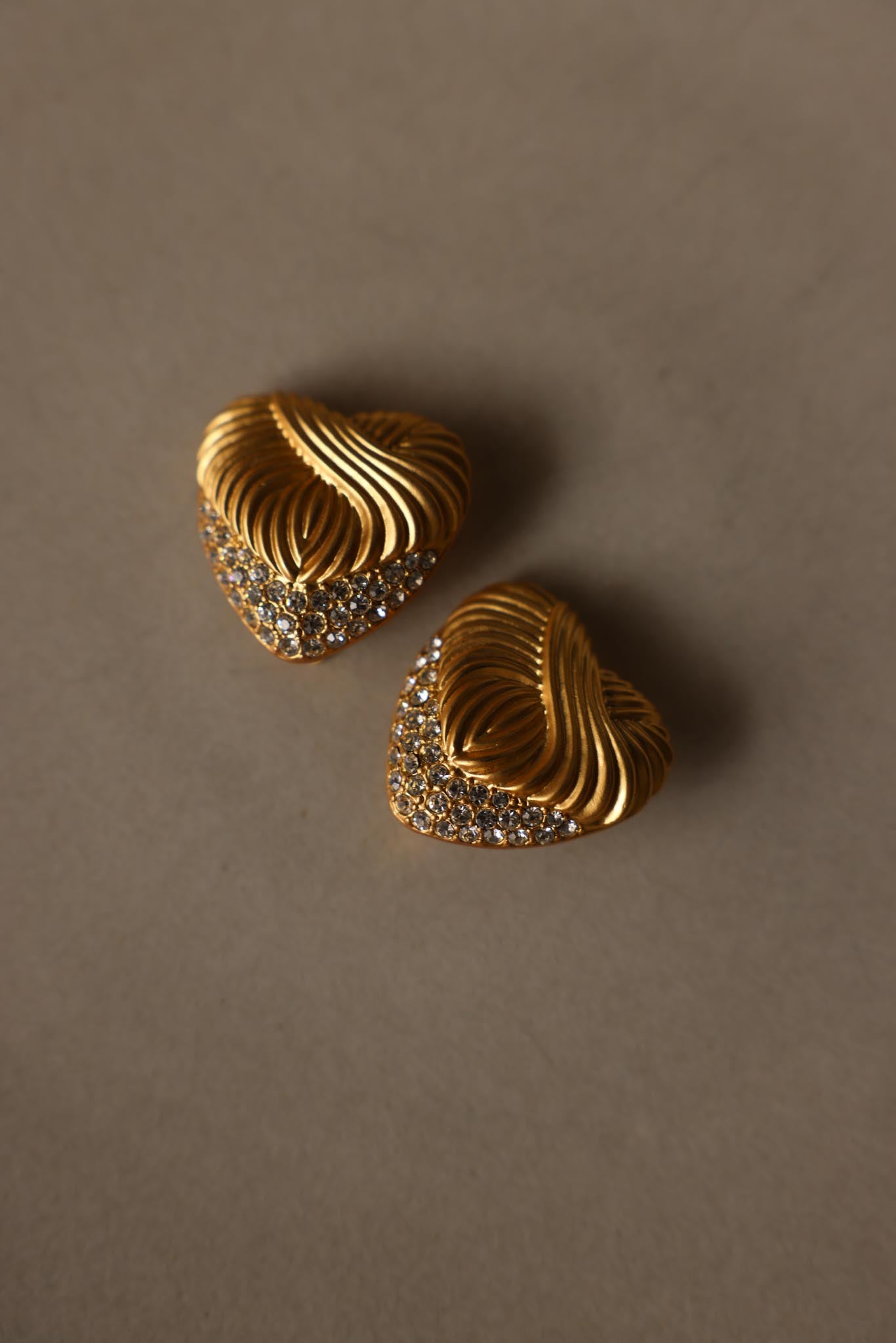Matte Gold Heart Rhinestone Clip-On Earrings