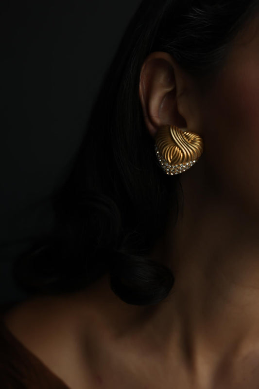 Matte Gold Heart Rhinestone Clip-On Earrings