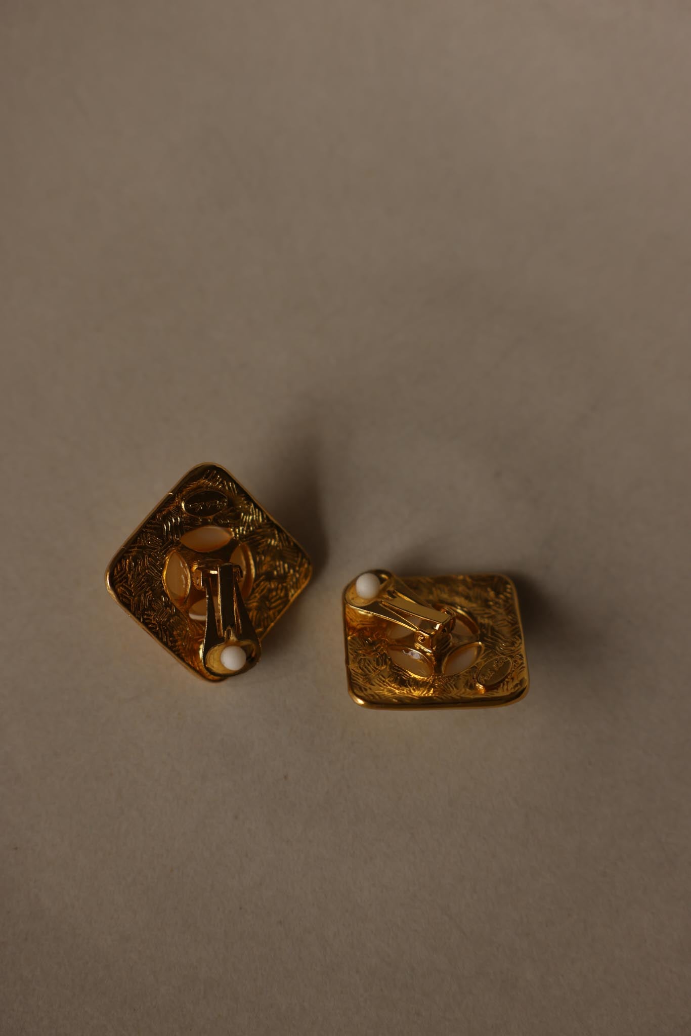 Gold Tone Square Faux Pearl Clip-On Earrings|Vintage Baazaar 