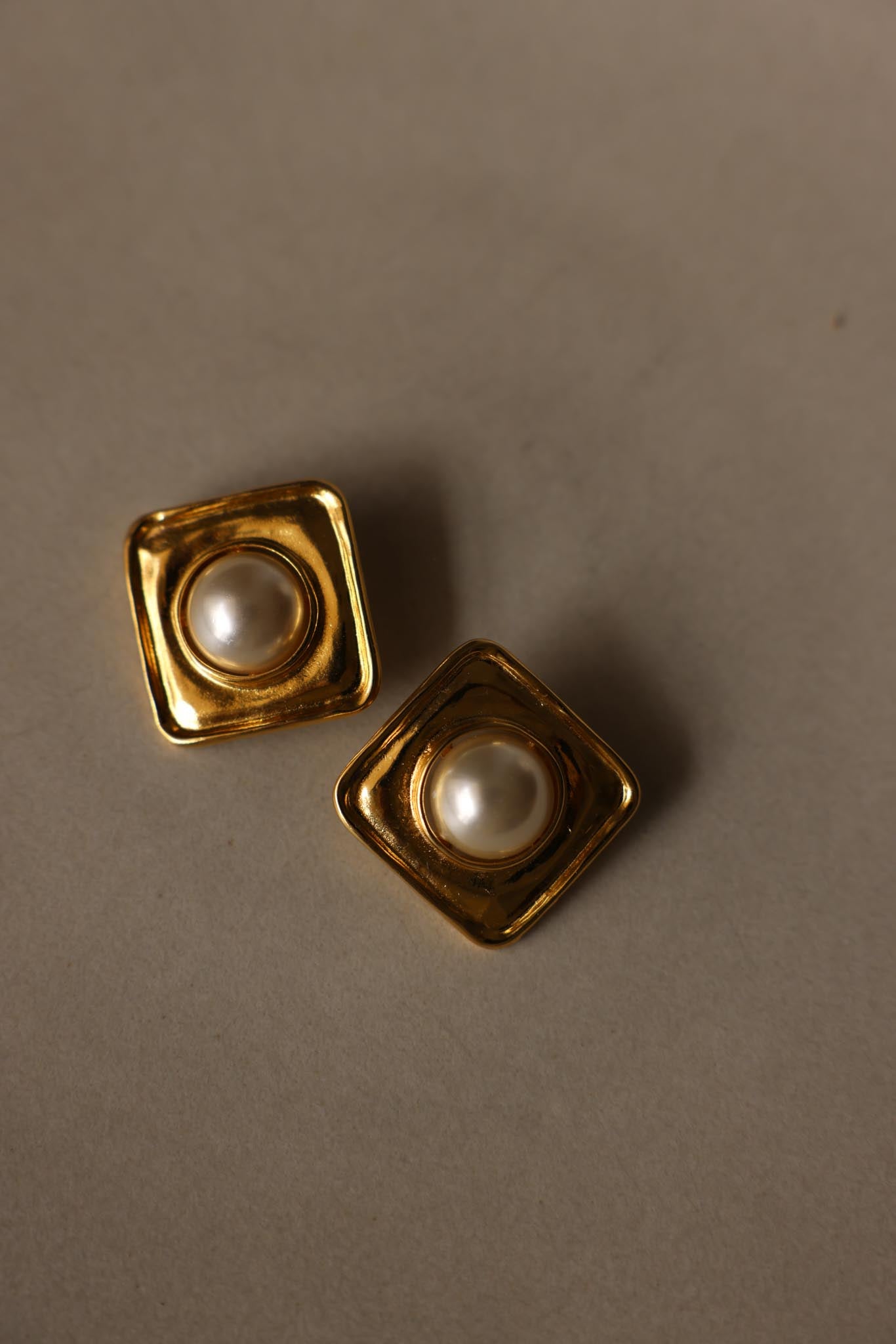 Gold Tone Square Faux Pearl Clip-On Earrings|Vintage Baazaar 