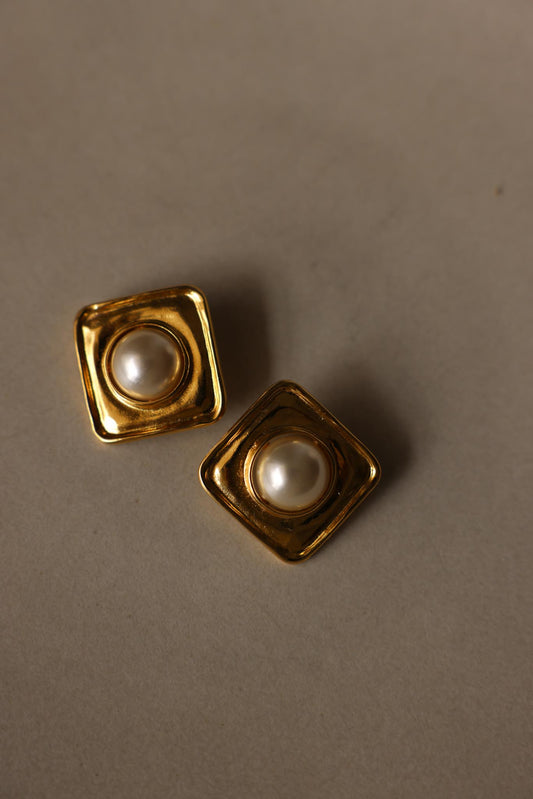 Gold Tone Square Faux Pearl Clip-On Earrings|Vintage Baazaar 