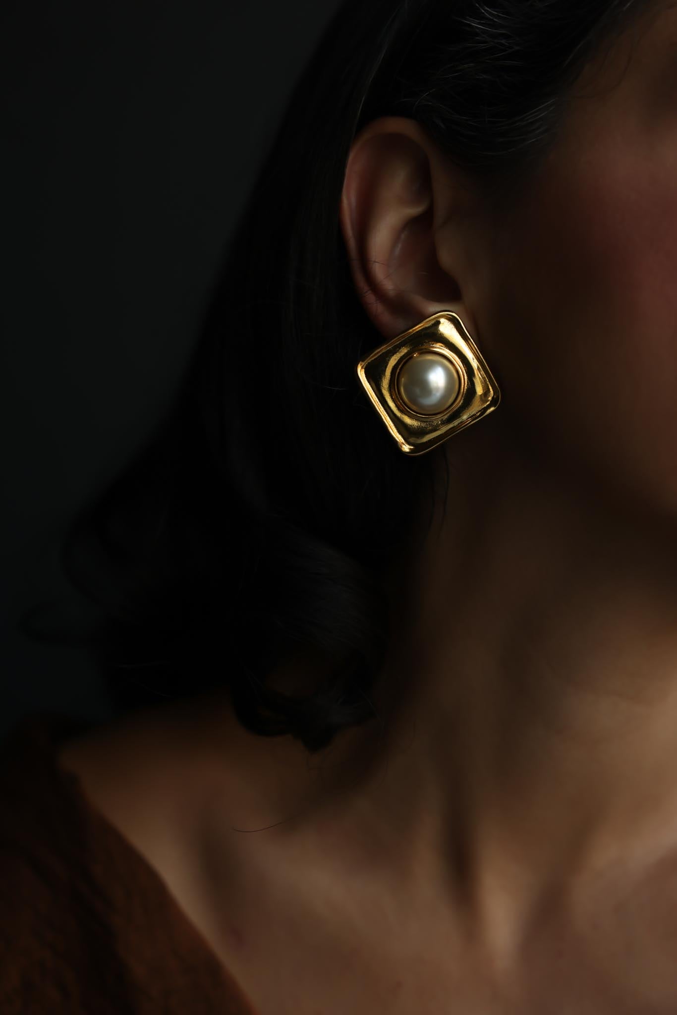 Gold Tone Square Faux Pearl Clip-On Earrings|Vintage Baazaar 