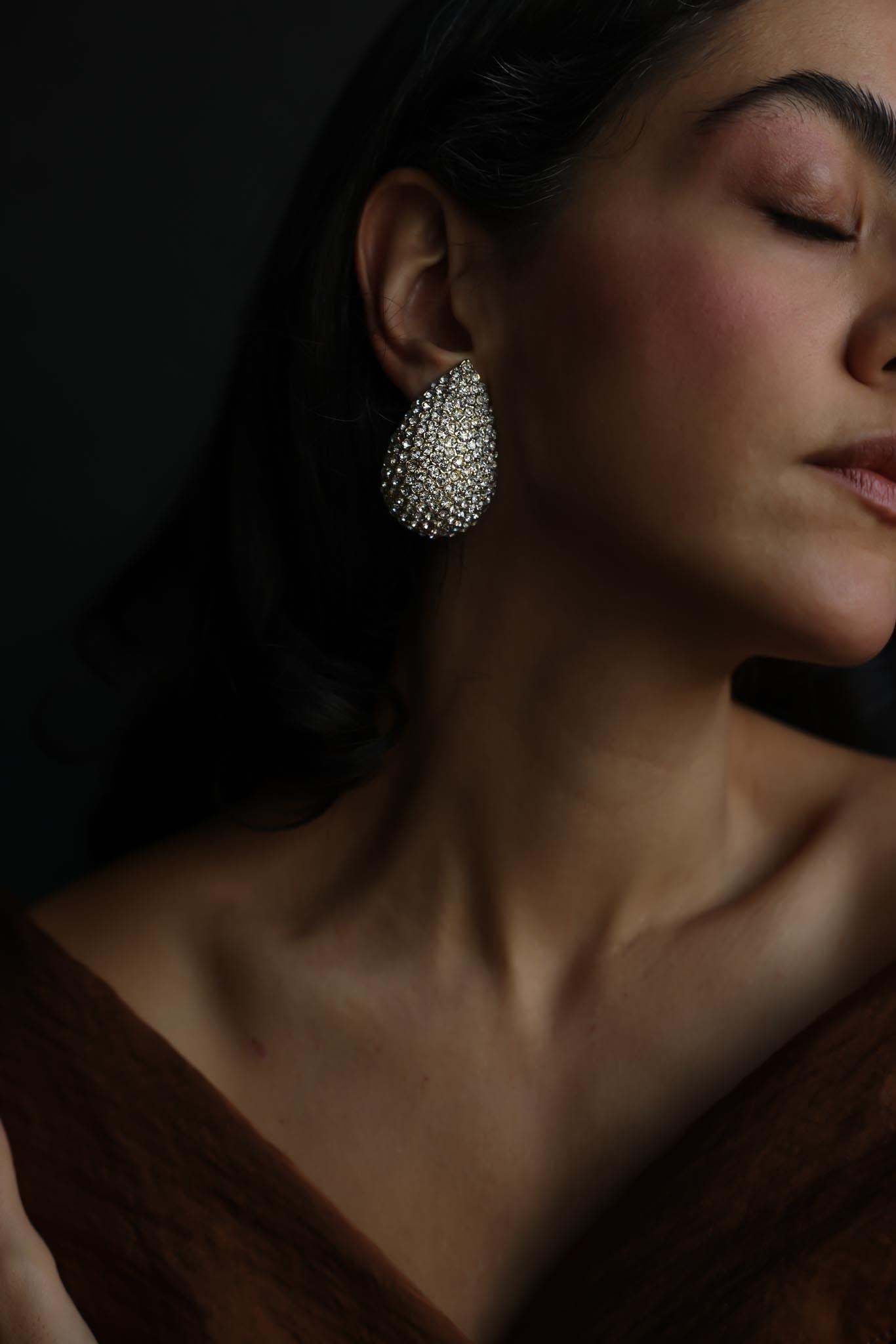 Oversized Teardrop Rhinestone Clip-On Earrings