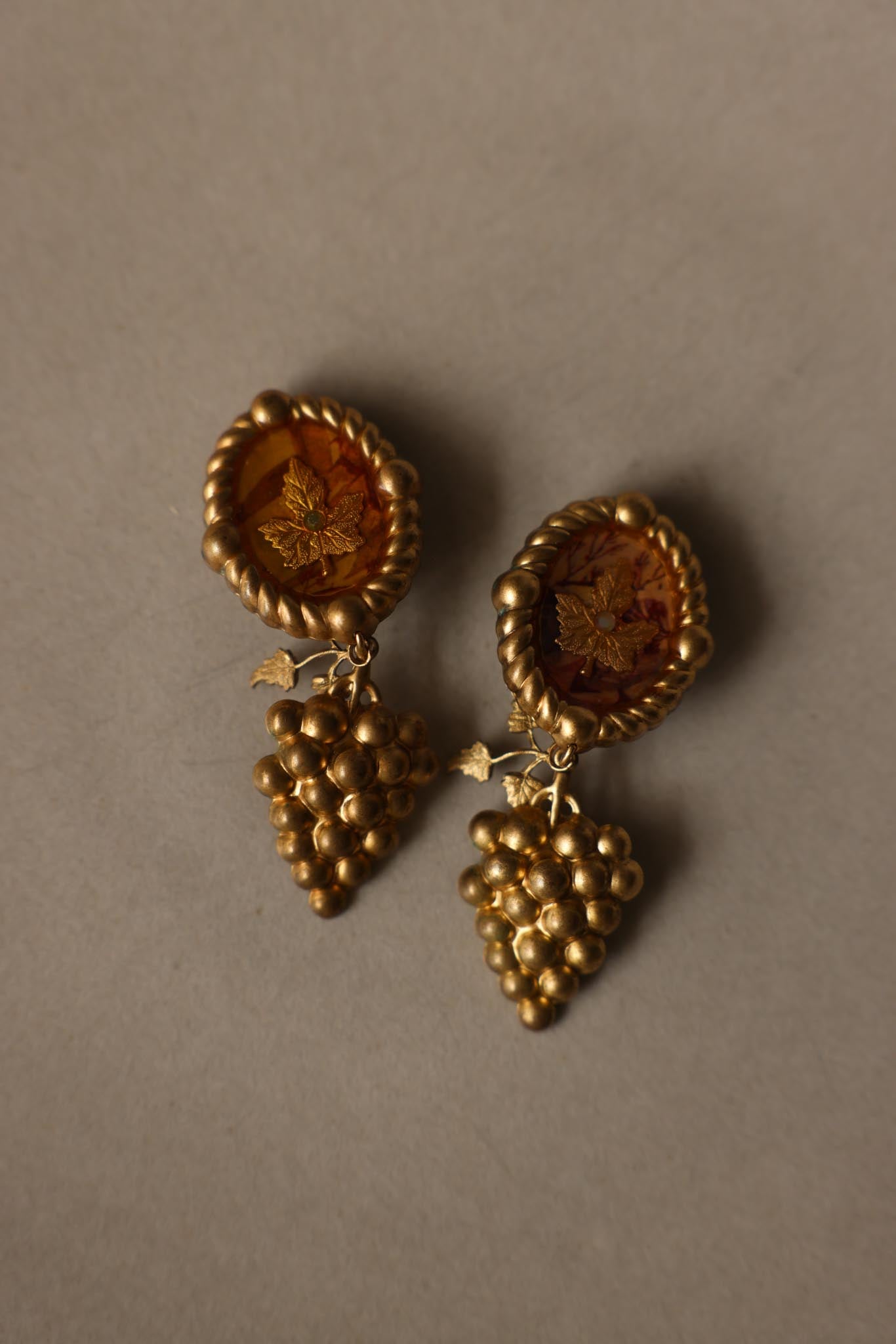 Gold Tone Grape Cluster Drop Clip-On Earrings