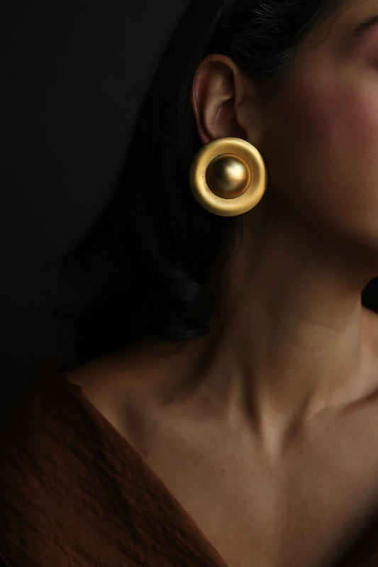Oversized Matte Gold Round Dome Clip-On Earrings|Vintage Baazaar 