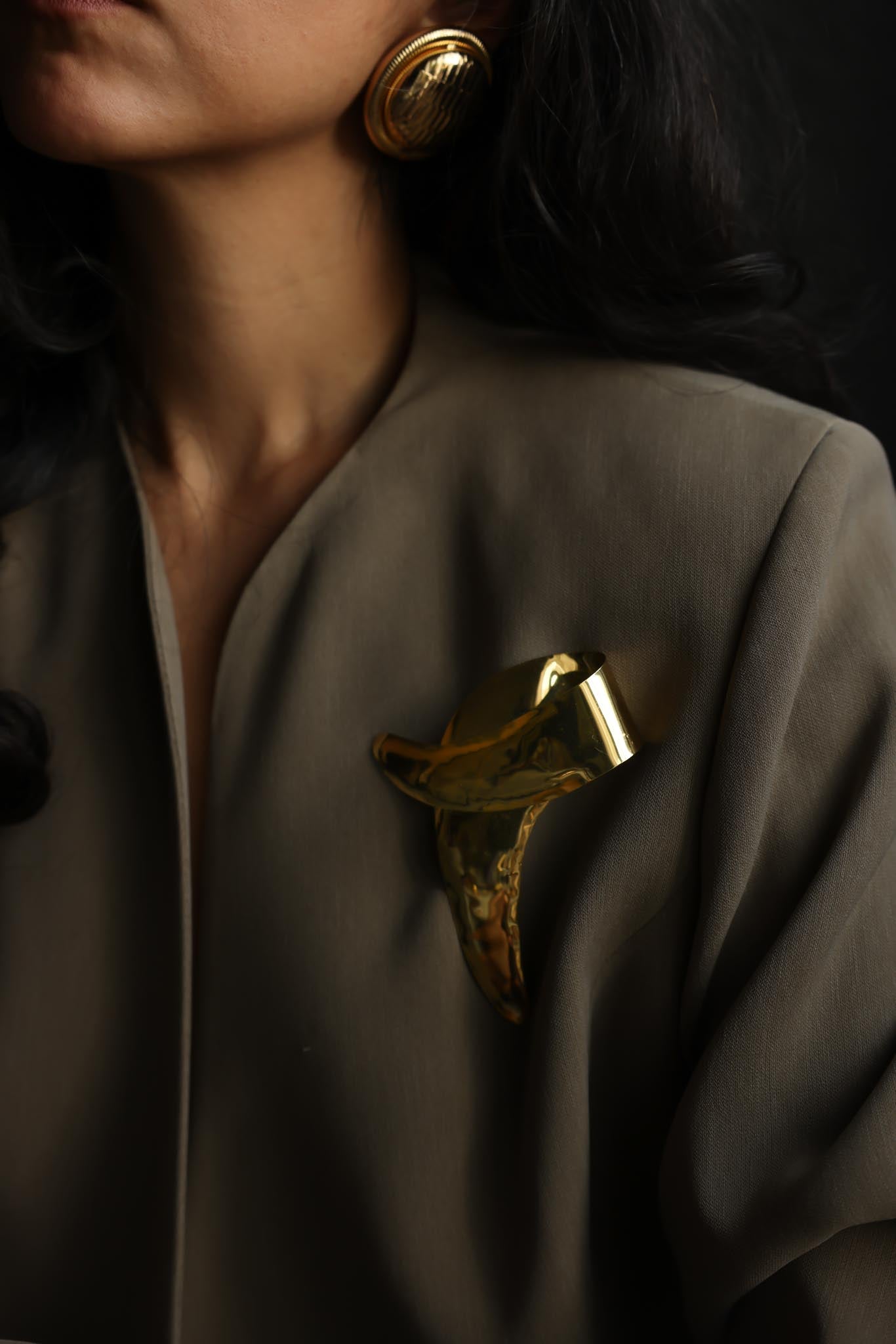 Sculptural Gold Tone Statement Brooch