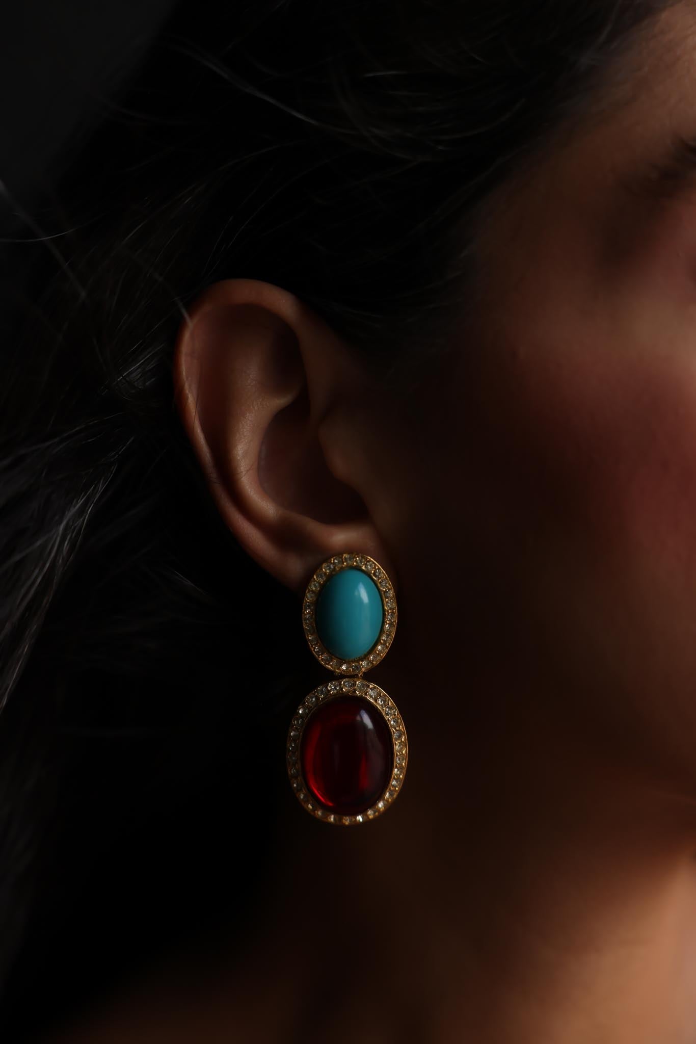 Gold-Tone Clip-On Earrings with Blue and Red Cabochons, 1980s|Vintage Baazaar 