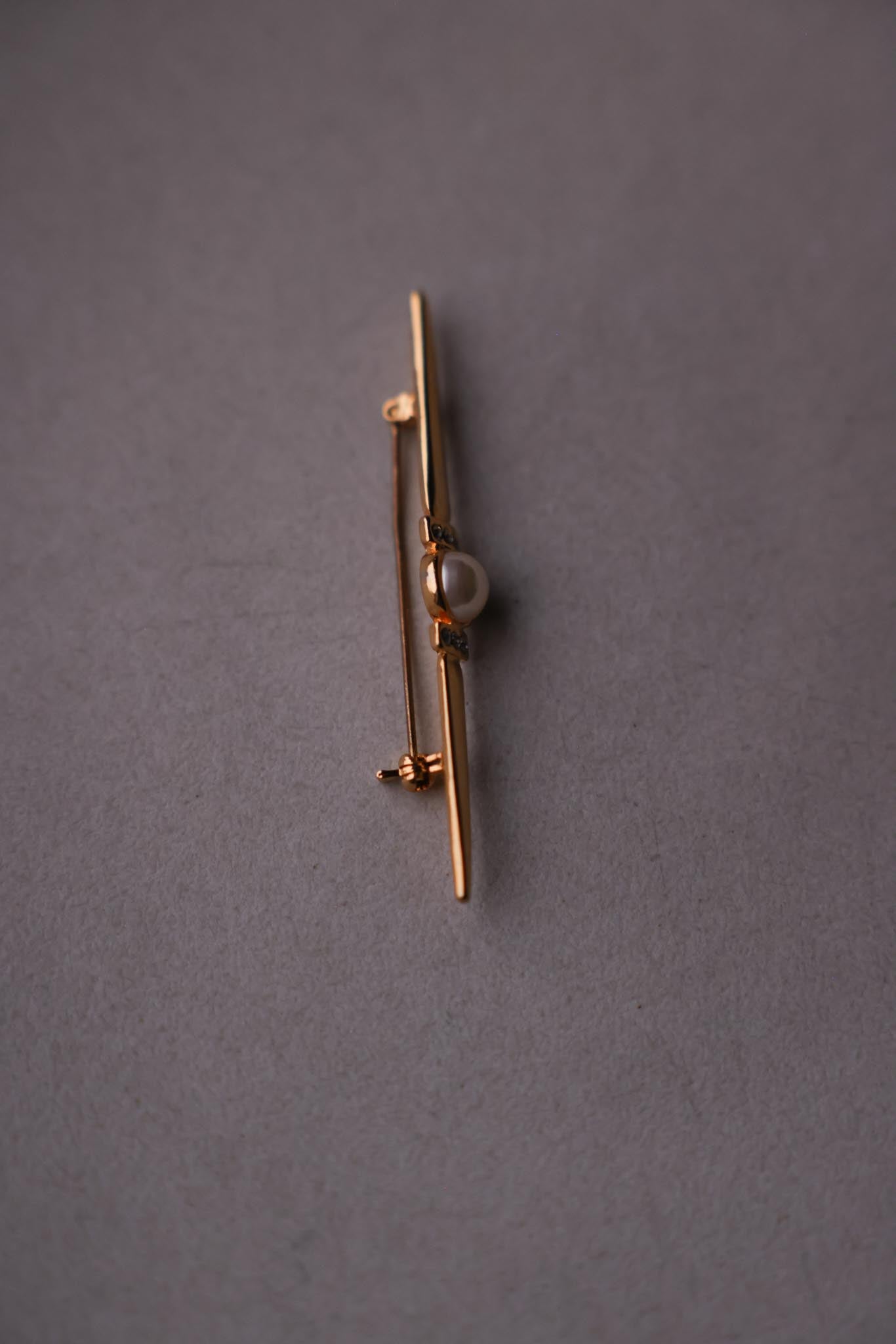 Gold-Tone Pearl Bar Brooch with Rhinestones
