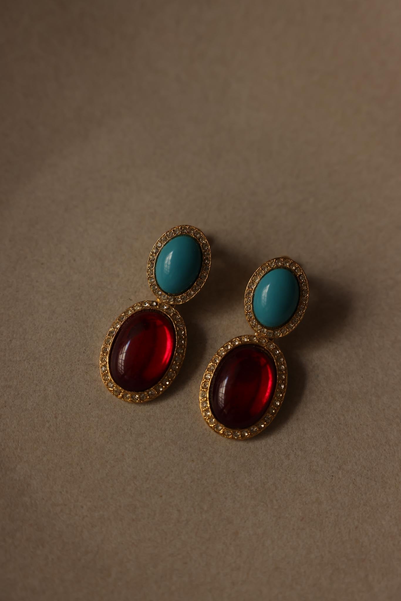 Gold-Tone Clip-On Earrings with Blue and Red Cabochons, 1980s|Vintage Baazaar 