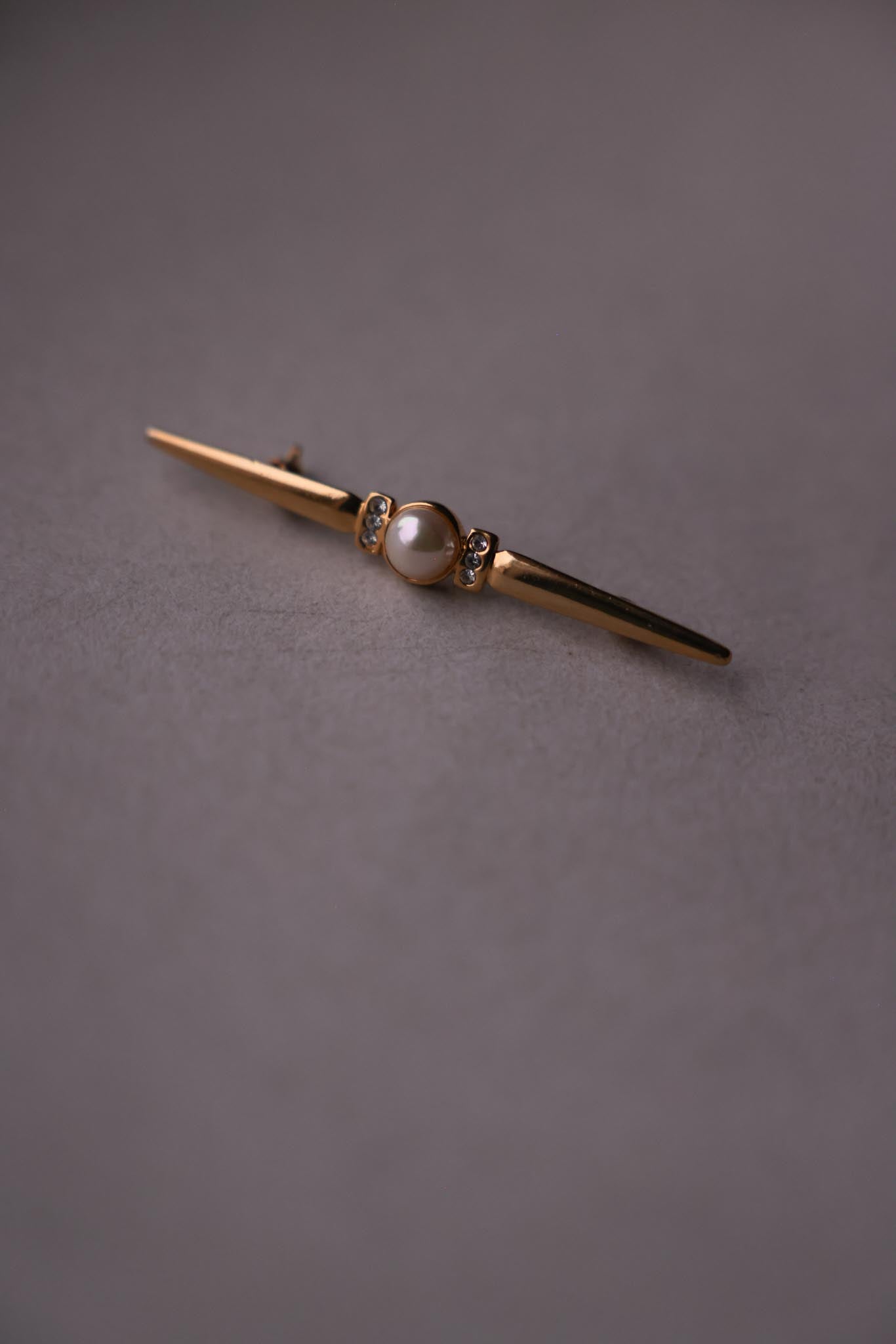 Gold-Tone Pearl Bar Brooch with Rhinestones