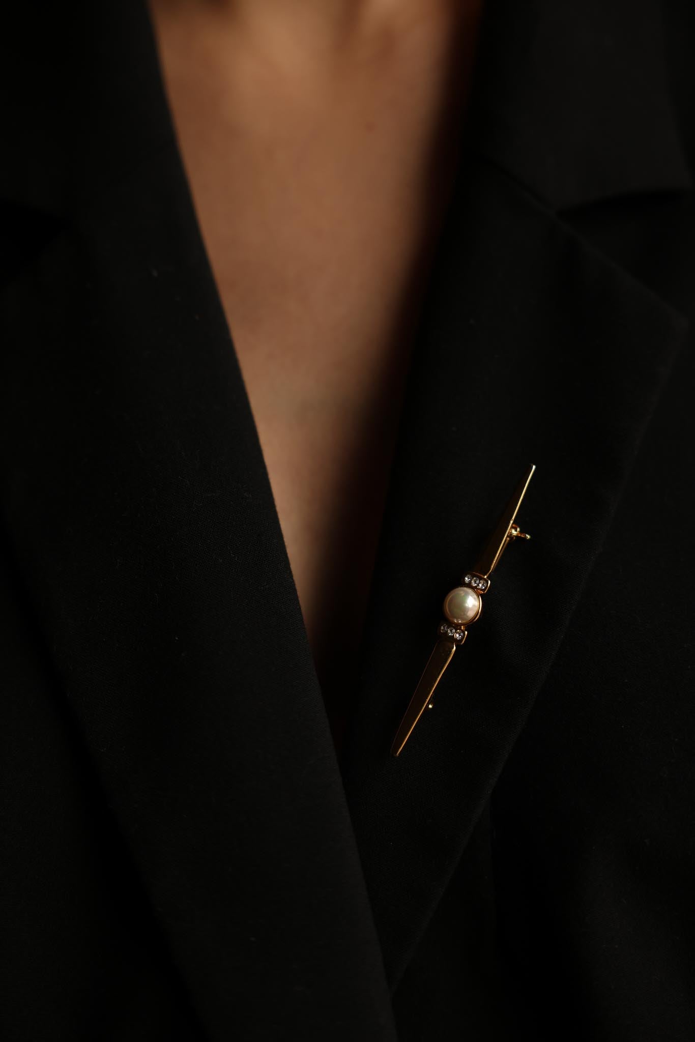 Gold-Tone Pearl Bar Brooch with Rhinestones