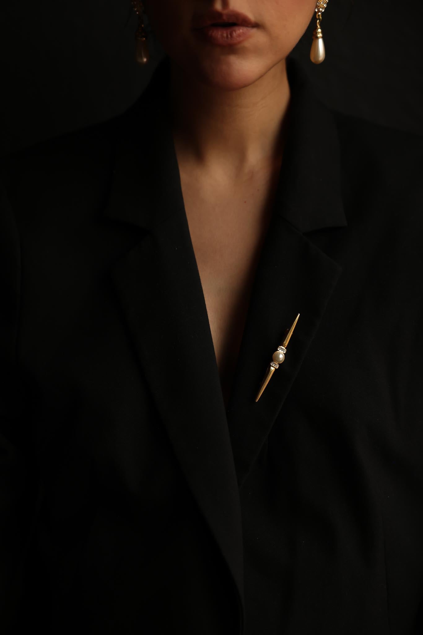 Gold-Tone Pearl Bar Brooch with Rhinestones