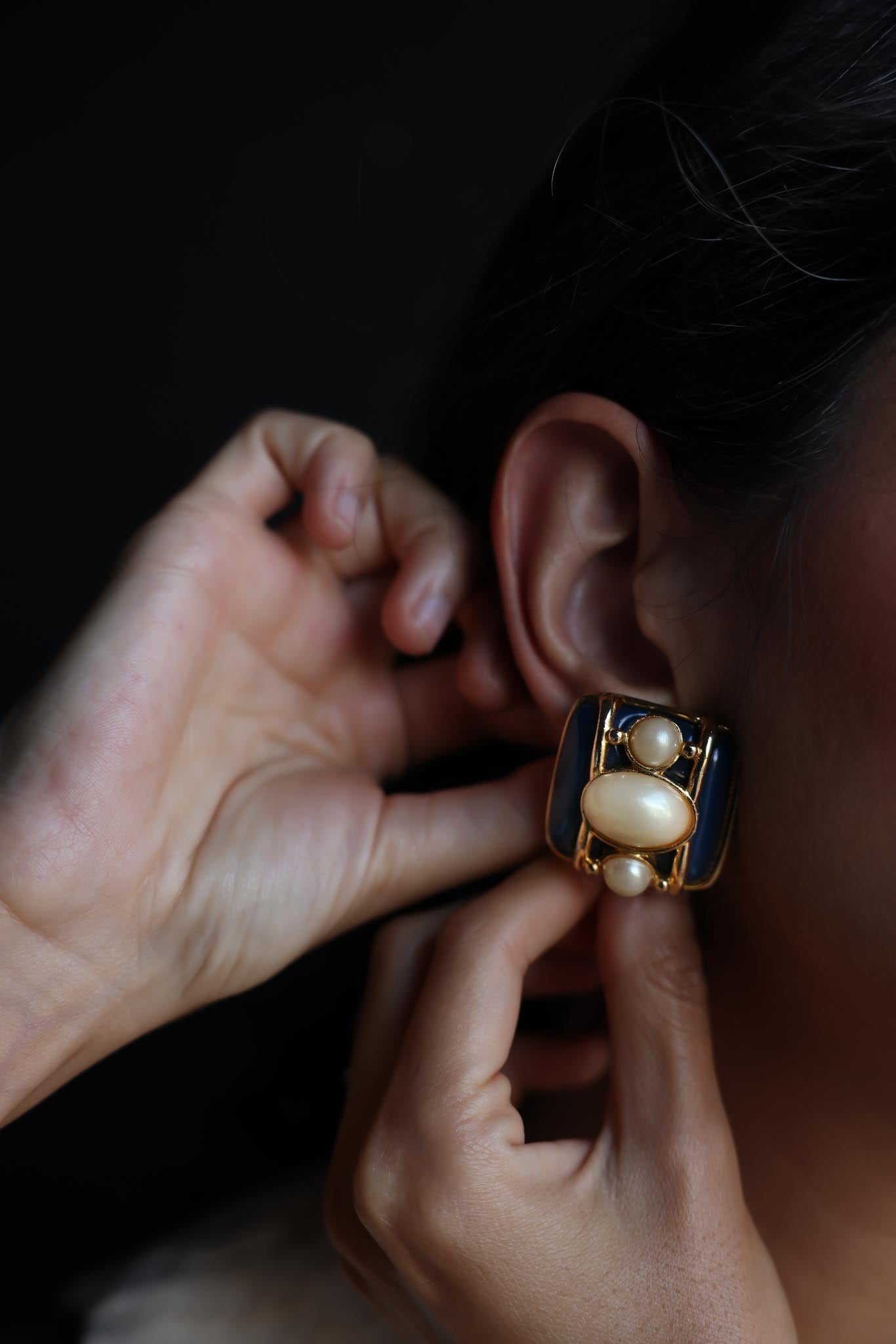 Gold-Tone Clip-On Earrings with Navy Enamel and Faux Pearls, 1980s|Vintage Baazaar 