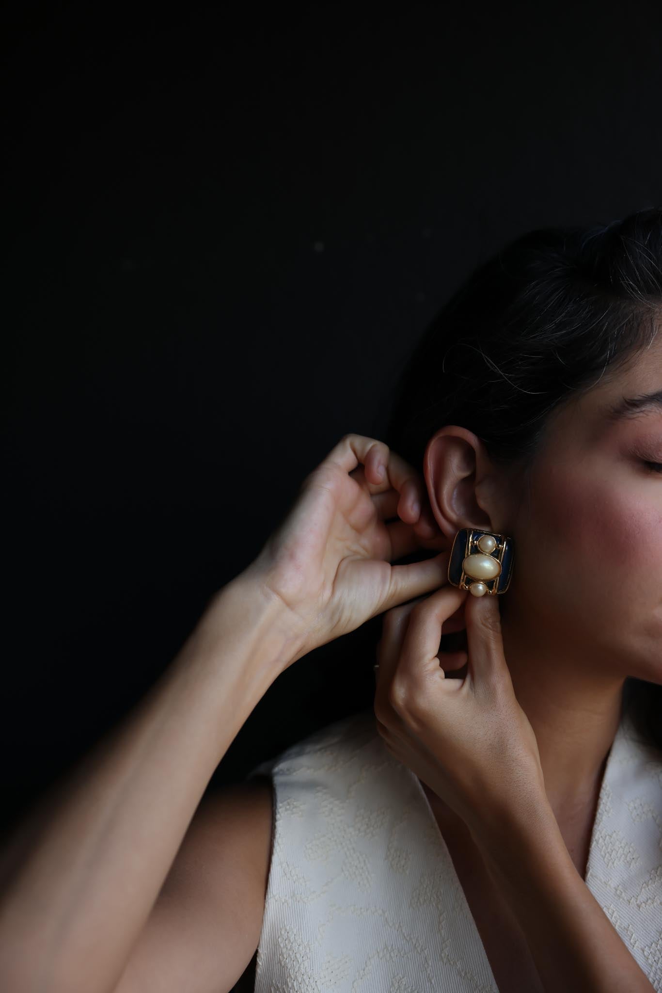 Gold-Tone Clip-On Earrings with Navy Enamel and Faux Pearls, 1980s|Vintage Baazaar 