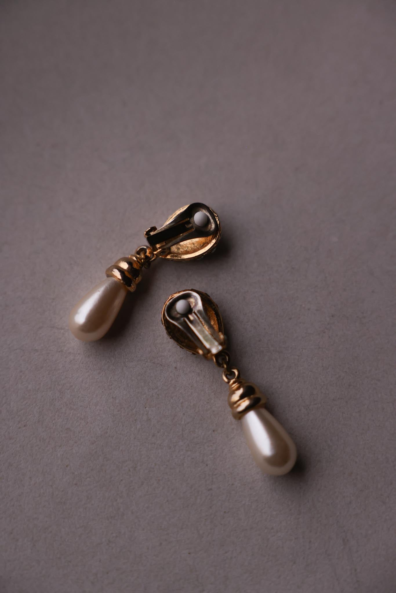 Gold-Tone Rhinestone & Pearl Drop Clip-On Earrings