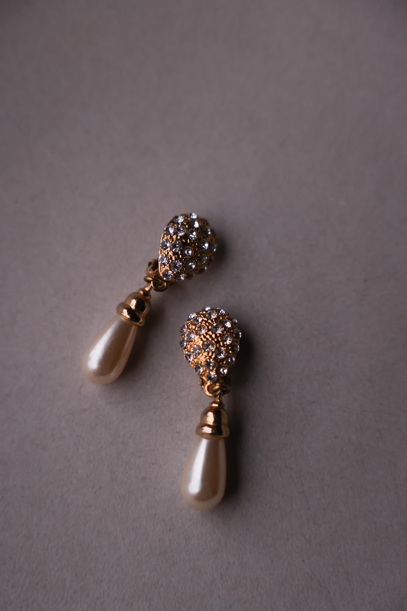 Gold-Tone Rhinestone & Pearl Drop Clip-On Earrings
