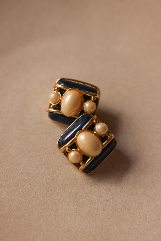 Gold-Tone Clip-On Earrings with Navy Enamel and Faux Pearls, 1980s|Vintage Baazaar 
