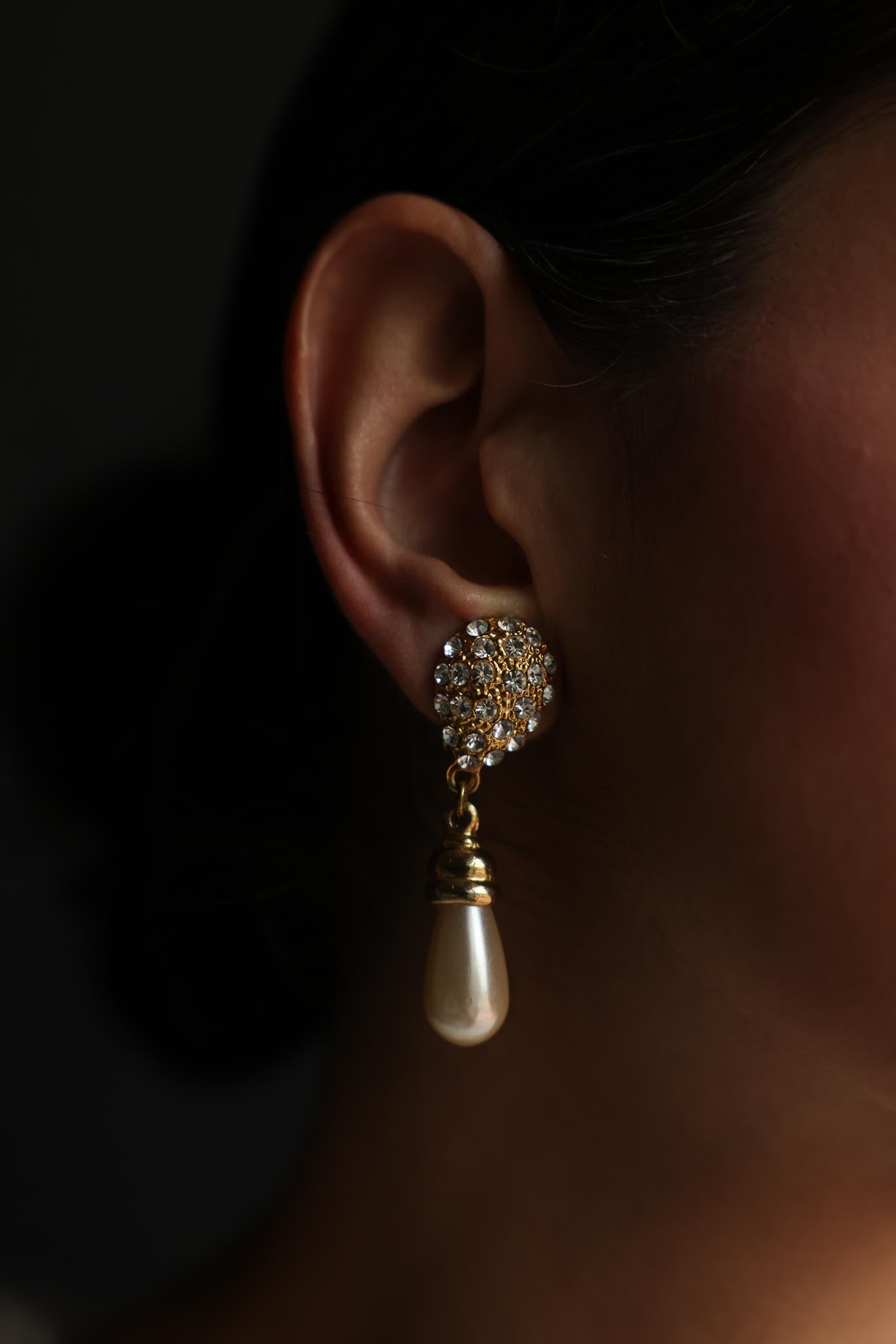 Gold-Tone Rhinestone & Pearl Drop Clip-On Earrings