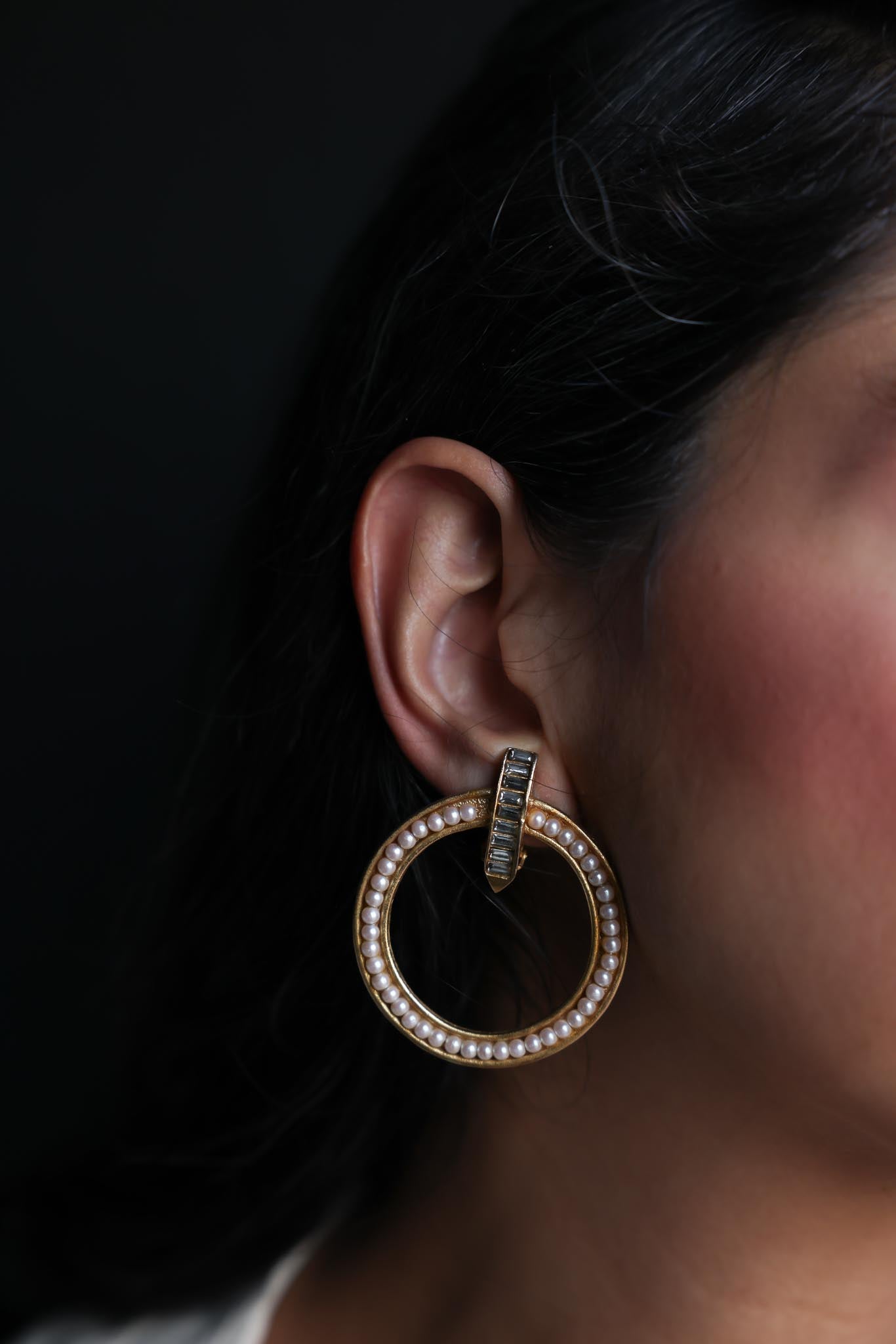 Gold-Tone Hoop Clip-On Earrings with Faux Pearls and Crystals, 1980s|Vintage Baazaar 