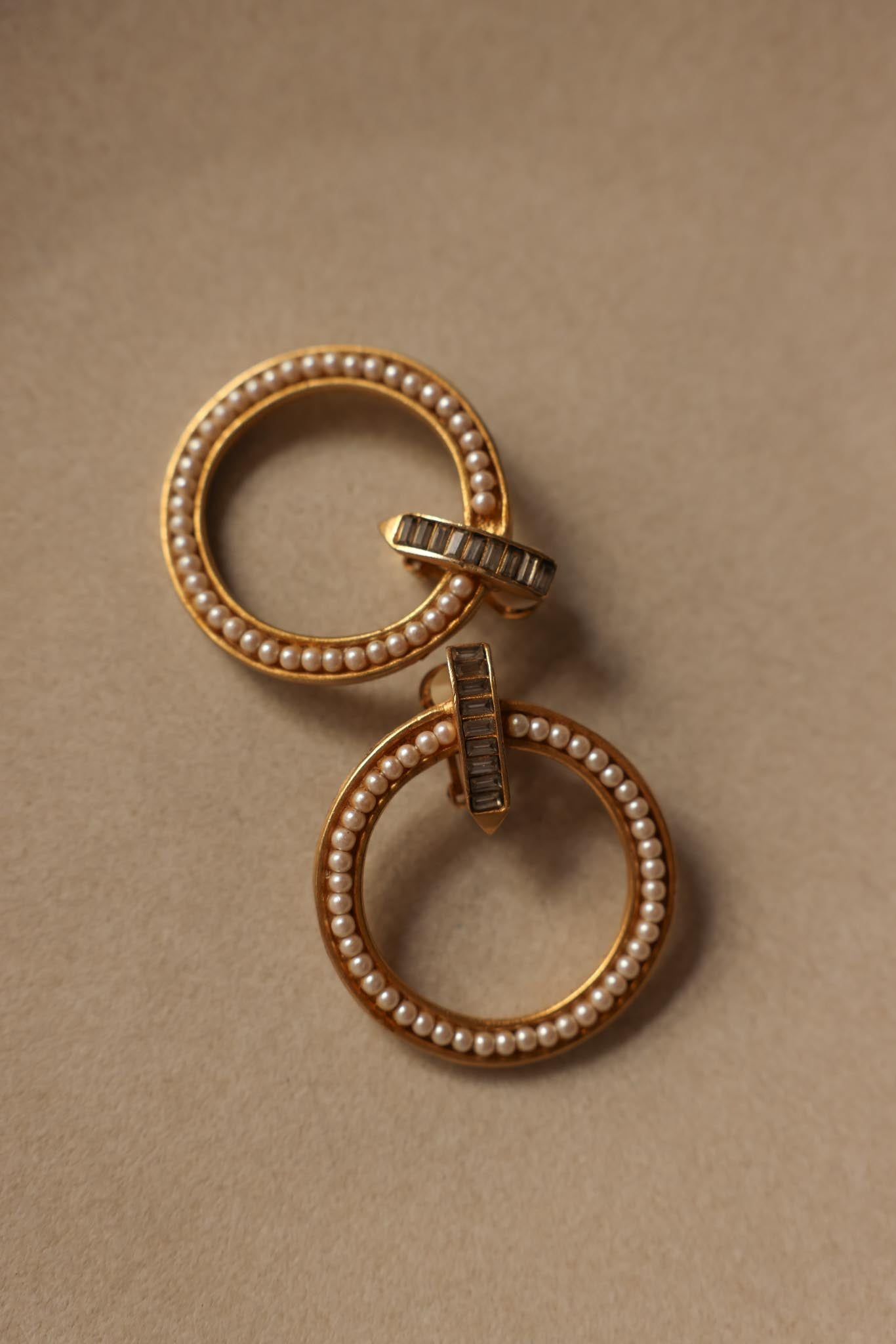 Gold-Tone Hoop Clip-On Earrings with Faux Pearls and Crystals, 1980s|Vintage Baazaar 