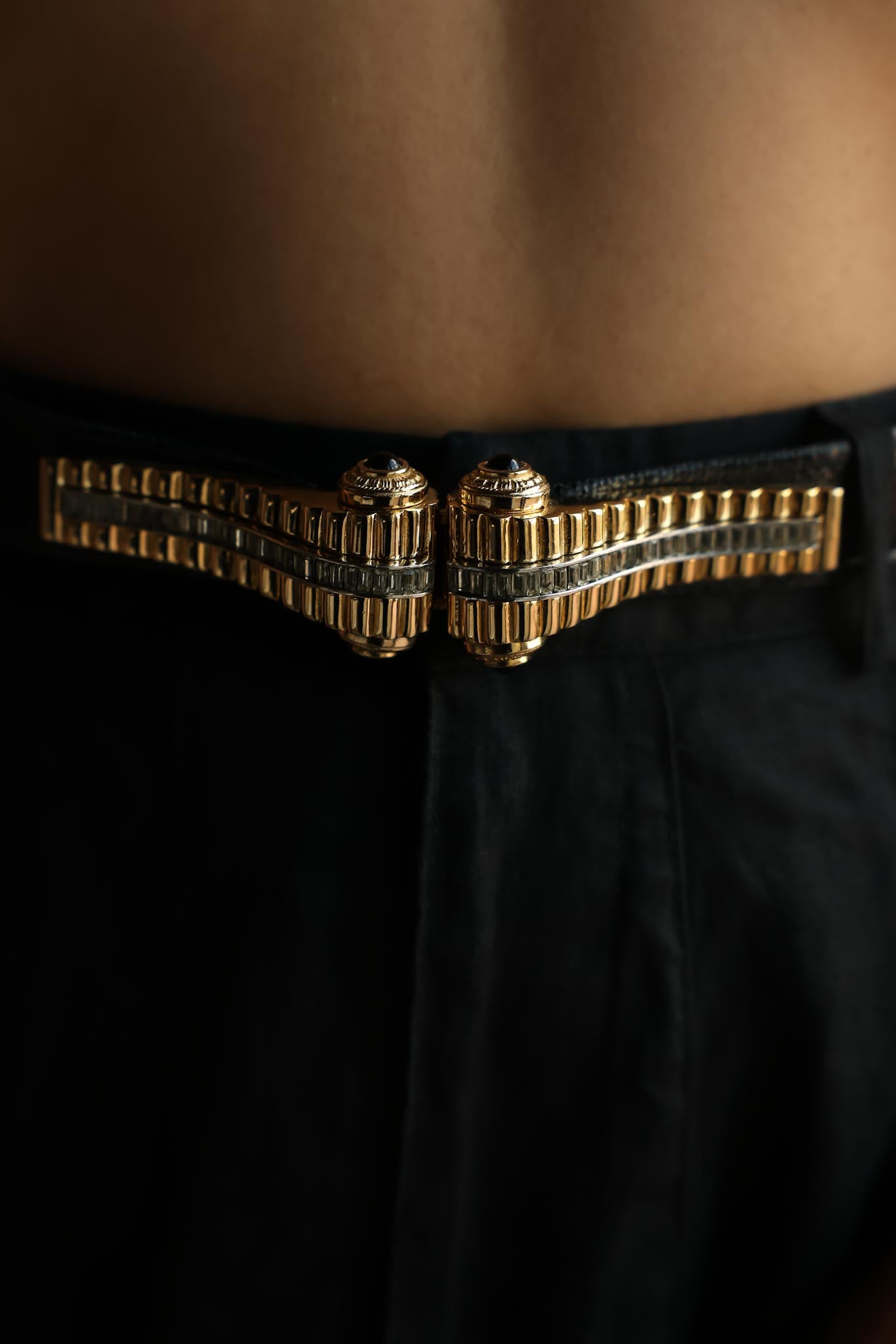 1980s Judith Leiber Midnight Blue Snakeskin Belt With Onyx And Crystal Buckle
