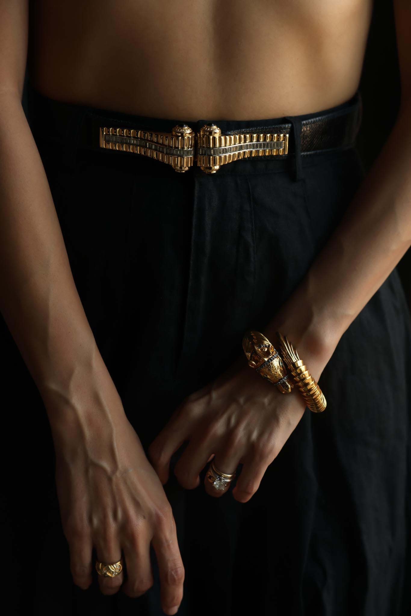 1980s Judith Leiber Midnight Blue Snakeskin Belt With Onyx And Crystal Buckle