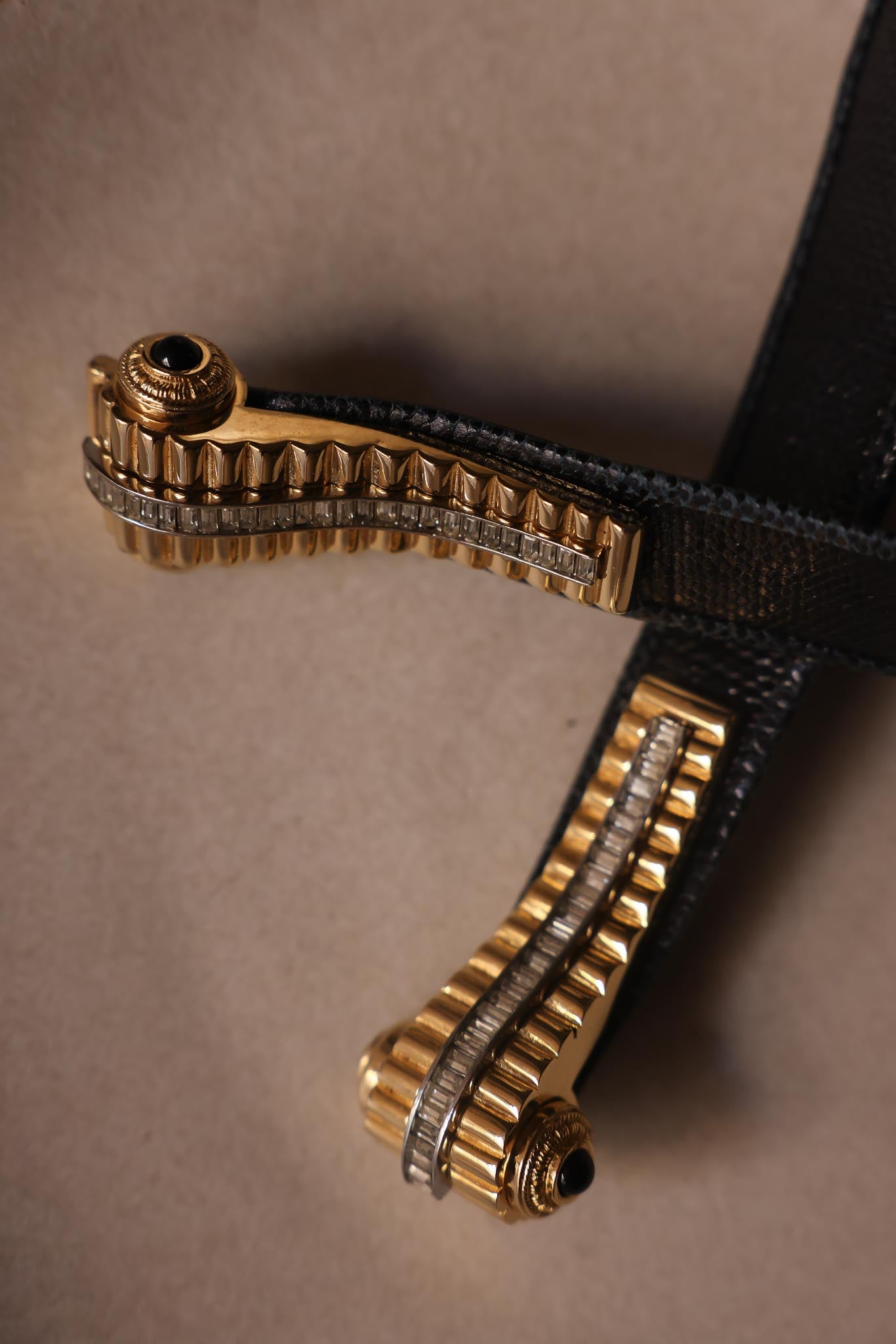1980s Judith Leiber Midnight Blue Snakeskin Belt With Onyx And Crystal Buckle