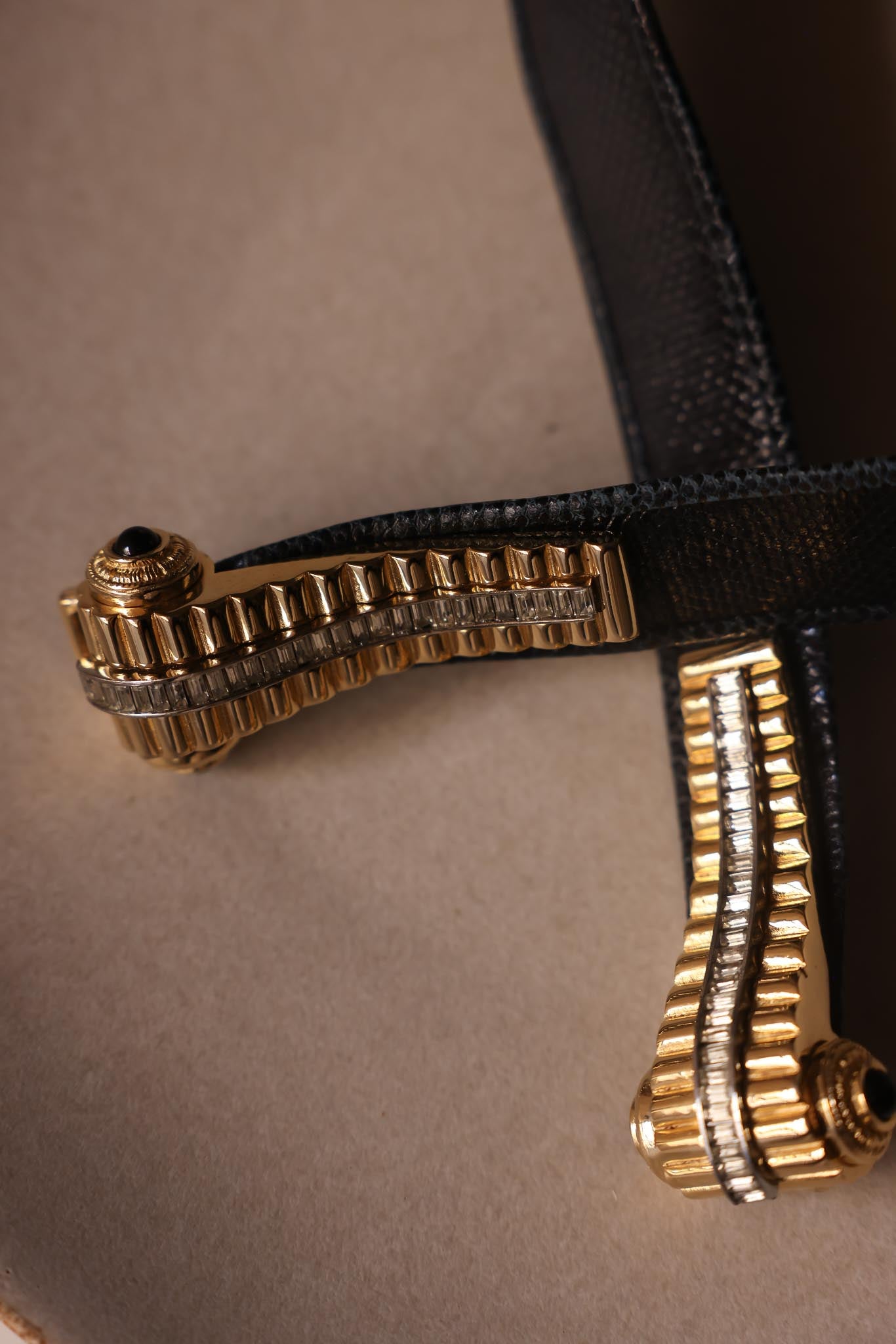 1980s Judith Leiber Midnight Blue Snakeskin Belt With Onyx And Crystal Buckle