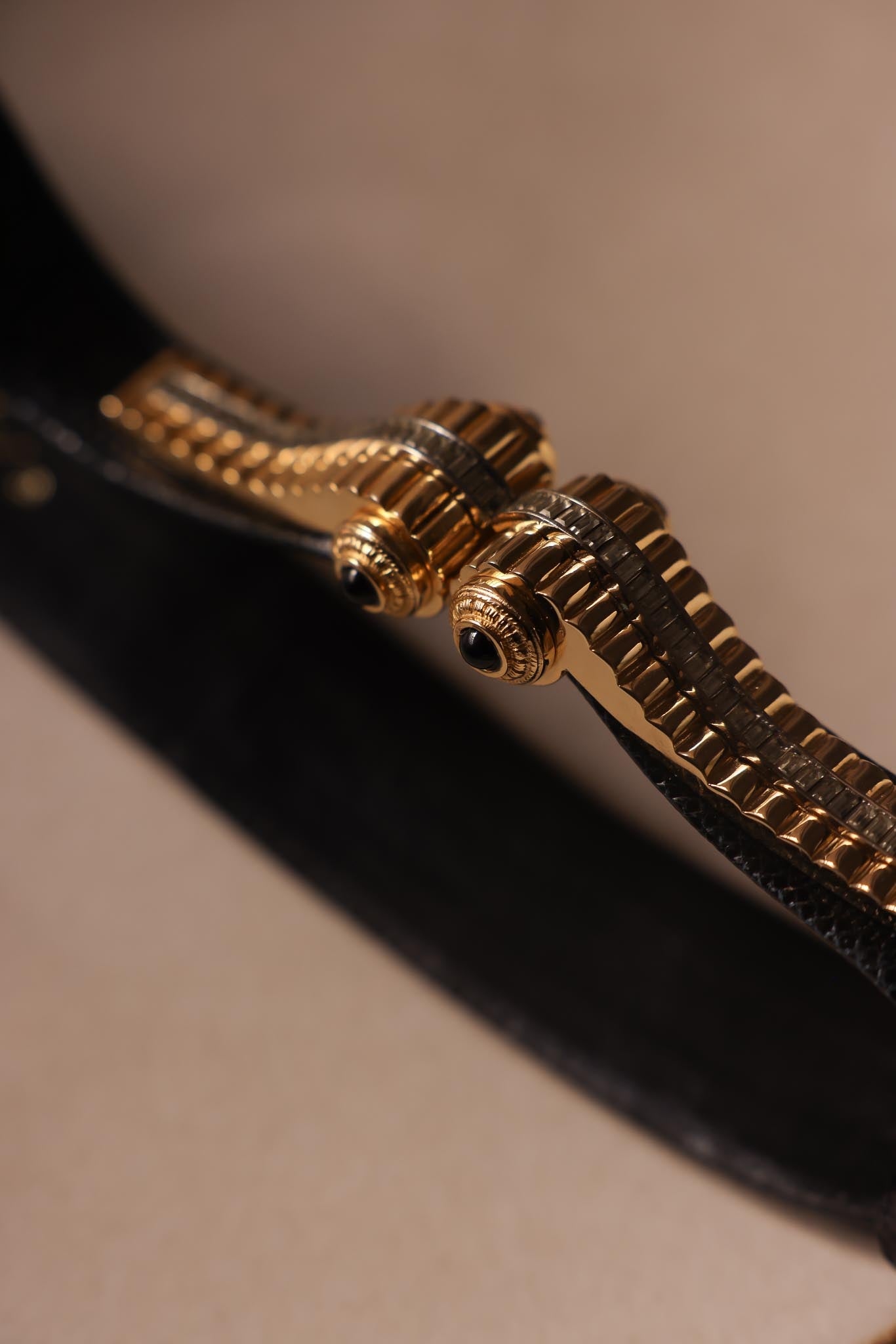 1980s Judith Leiber Midnight Blue Snakeskin Belt With Onyx And Crystal Buckle