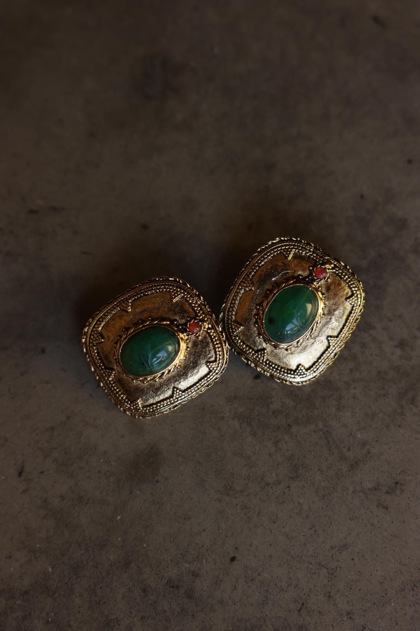 Gold-Tone Green Cabochon Clip-On Earrings with Pink Accent