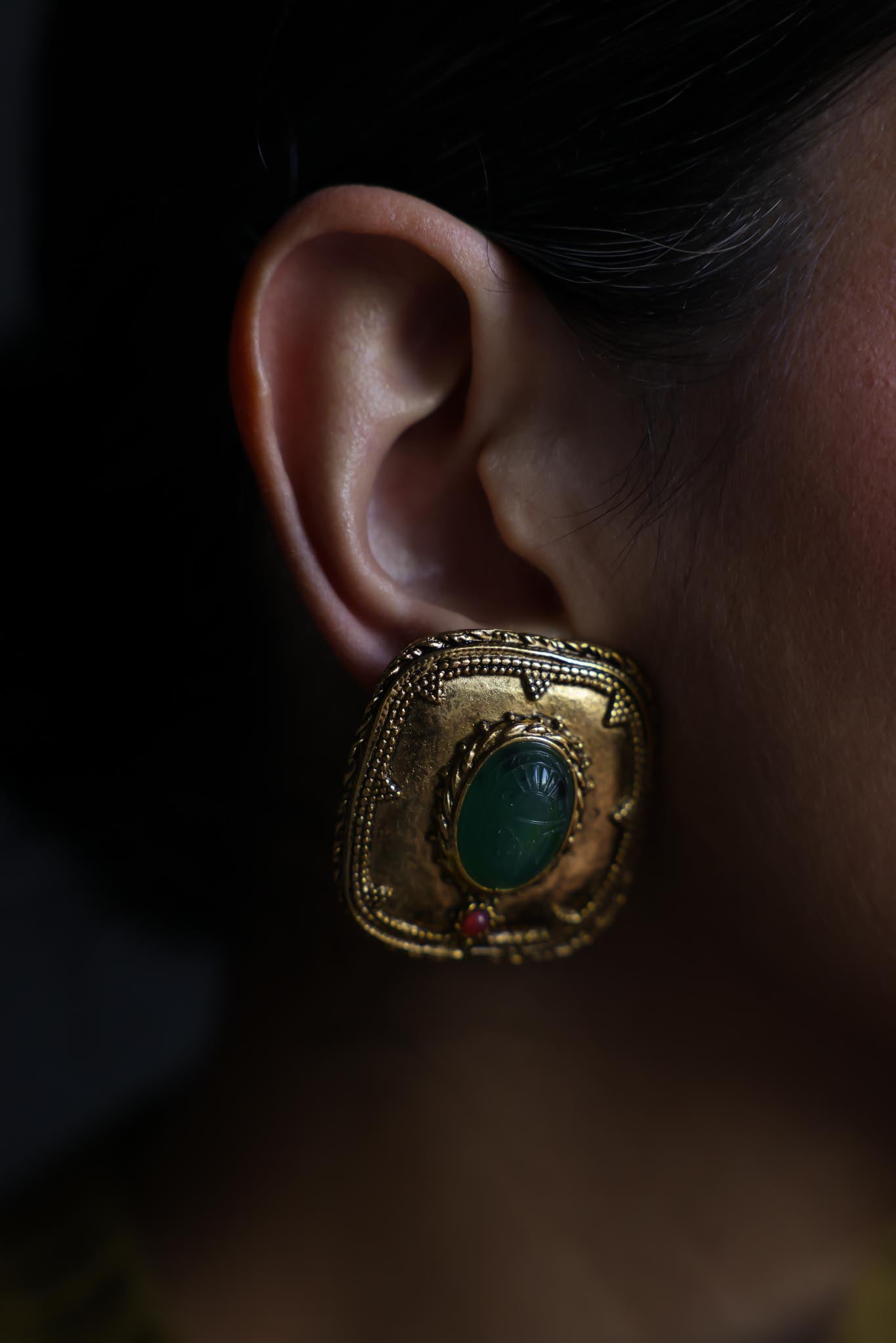 Gold-Tone Green Cabochon Clip-On Earrings with Pink Accent