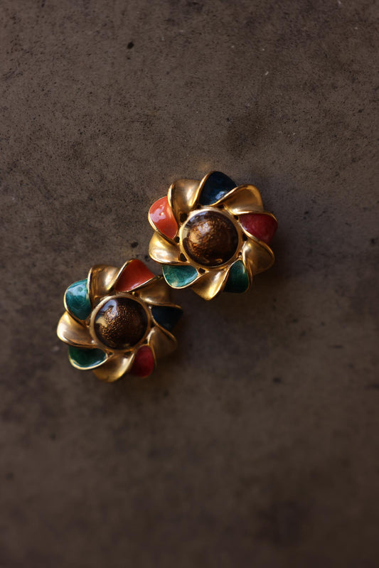 Gold-Tone Clip-On Earrings with Green, Brown, and Orange Accents