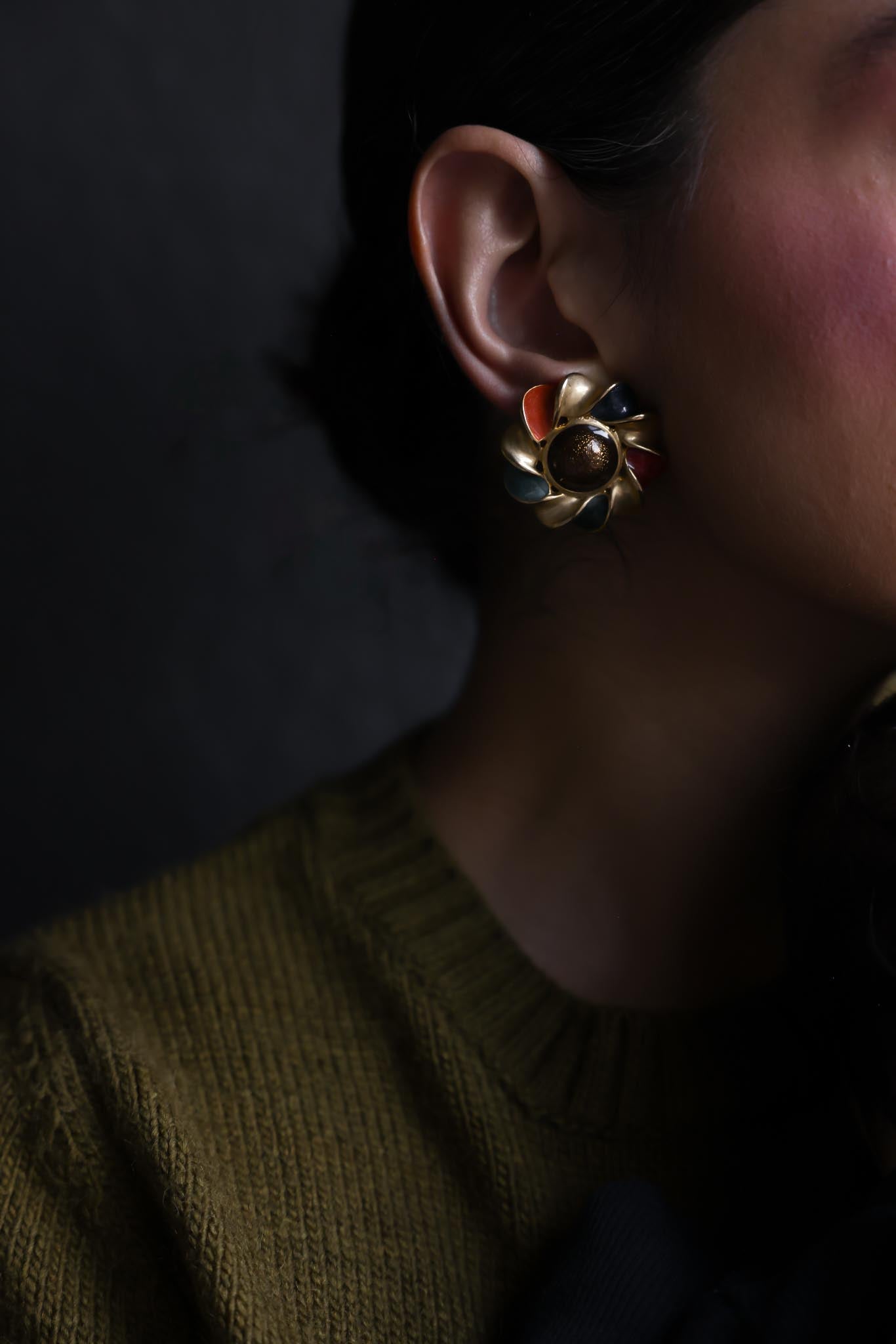 Gold-Tone Clip-On Earrings with Green, Brown, and Orange Accents