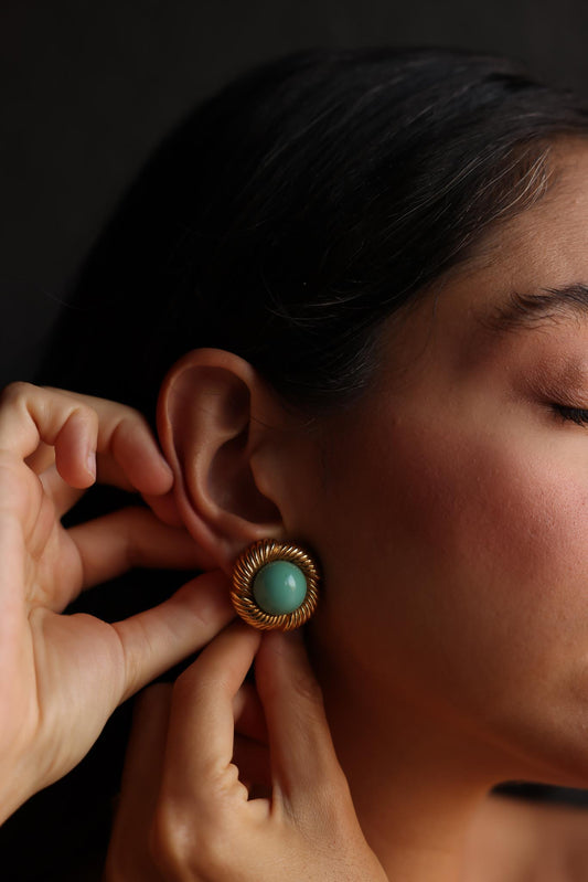 Ciner Gold-Tone Clip-On Earrings with Turquoise Cabochons – 1980s|Vintage Baazaar 