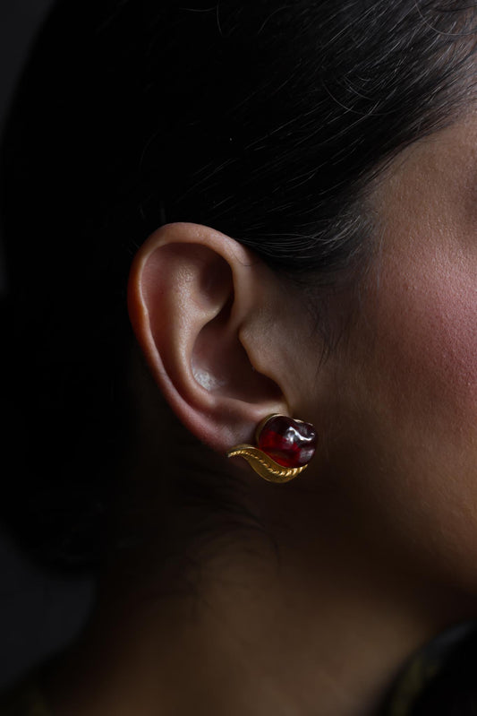 Marvella Gold-Tone Leaf Clip-On Earrings with Red Accent