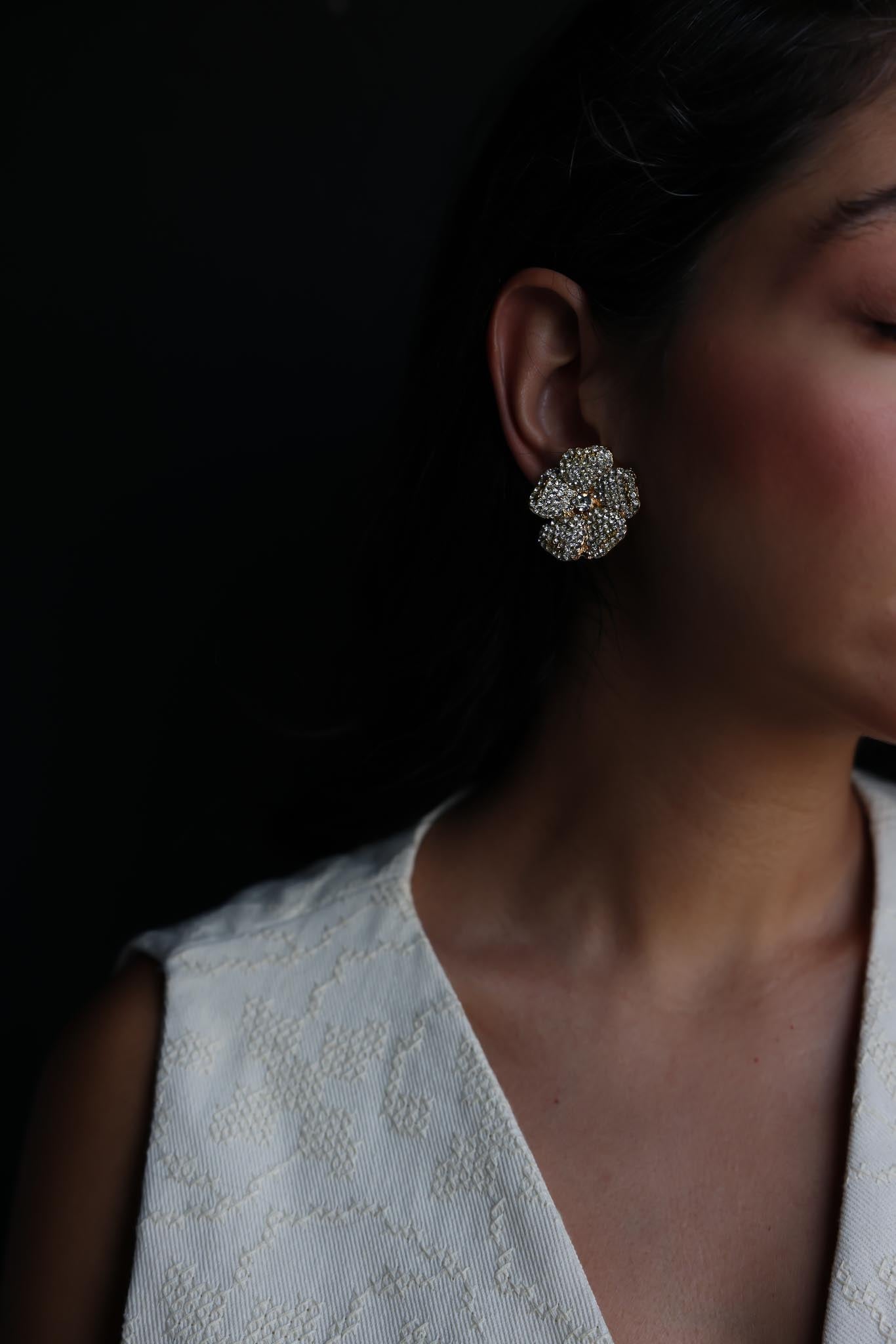 Floral Clip-On Earrings with Clear Rhinestones|Vintage Baazaar 