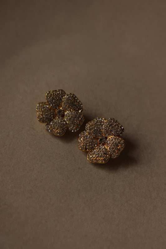 Floral Clip-On Earrings with Clear Rhinestones|Vintage Baazaar 