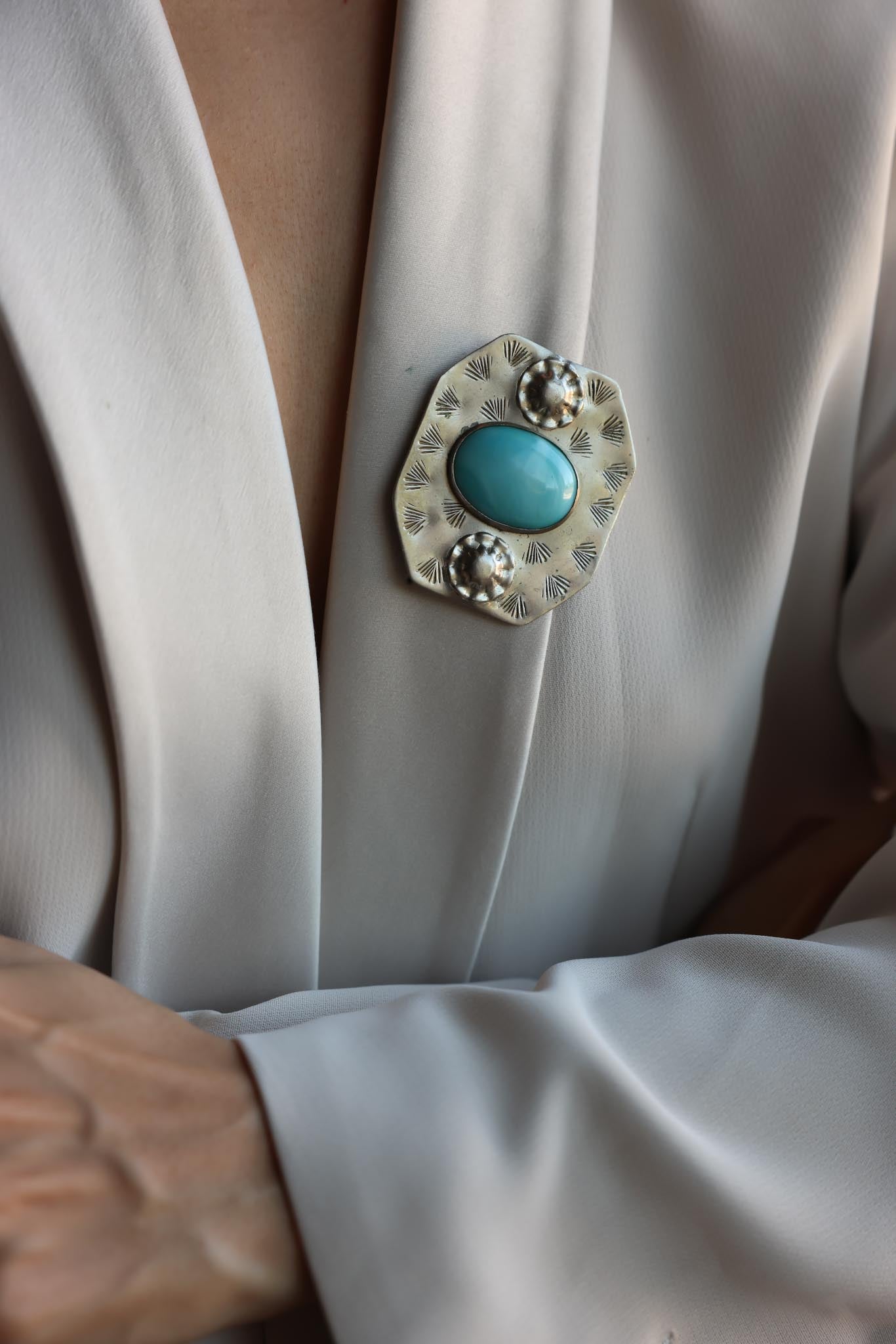Silver-Tone Blue Glass Statement Brooch
