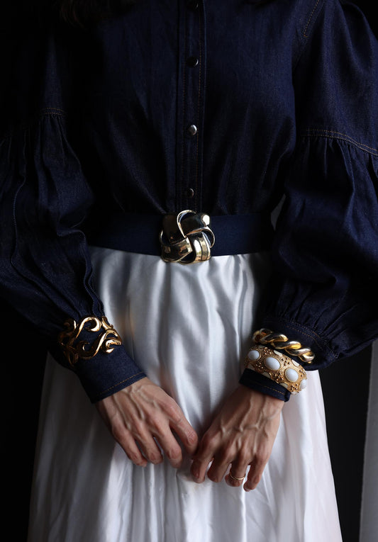 Navy Blue Stretch Belt with Gold Buckle|Vintage Baazaar 