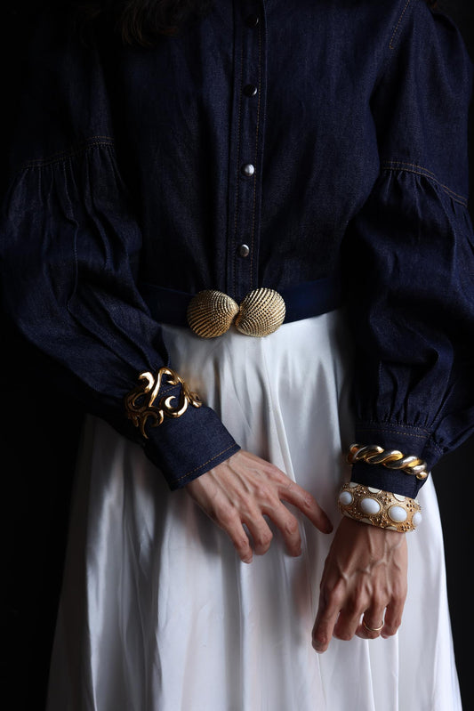 Douglas Paquette Navy Velvet Belt with Gold Buckle|Vintage Baazaar 