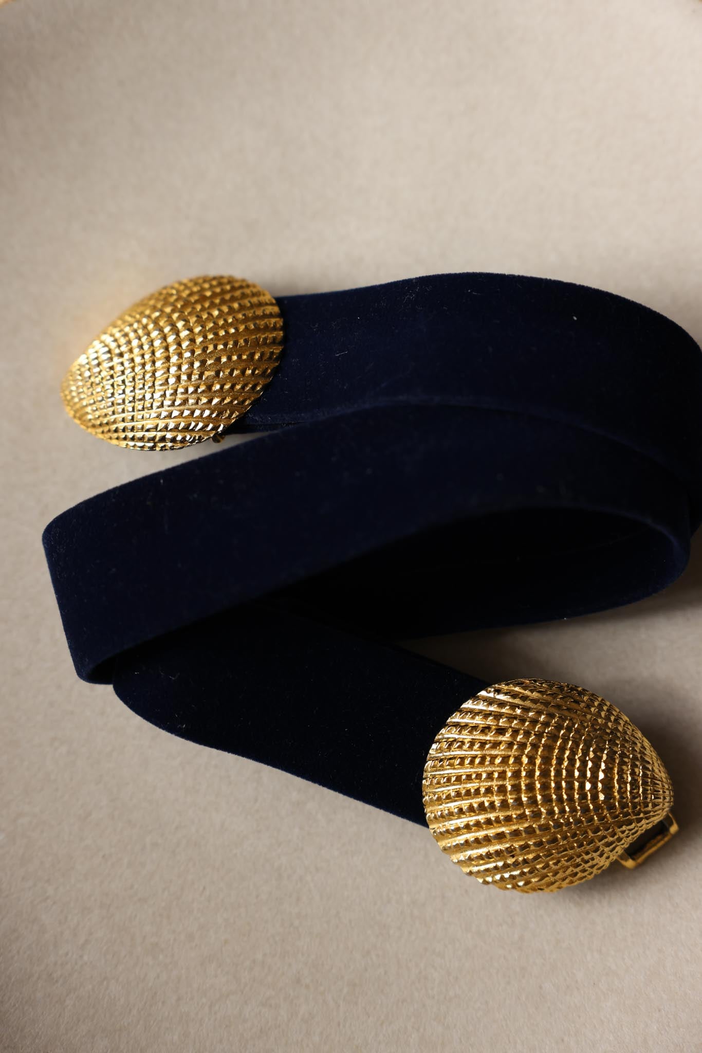 Douglas Paquette Navy Velvet Belt with Gold Buckle|Vintage Baazaar 