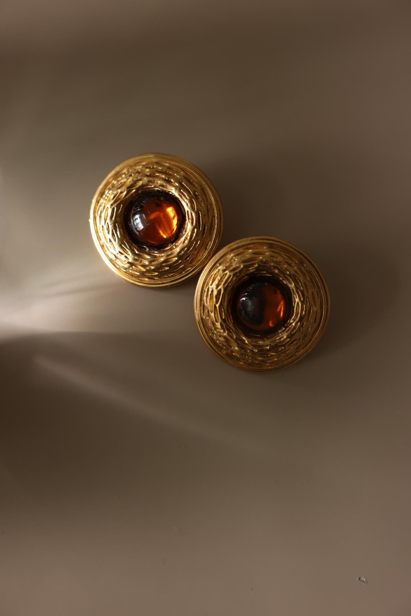 Matte Gold and Amber Cabochon Clip-On Earrings
