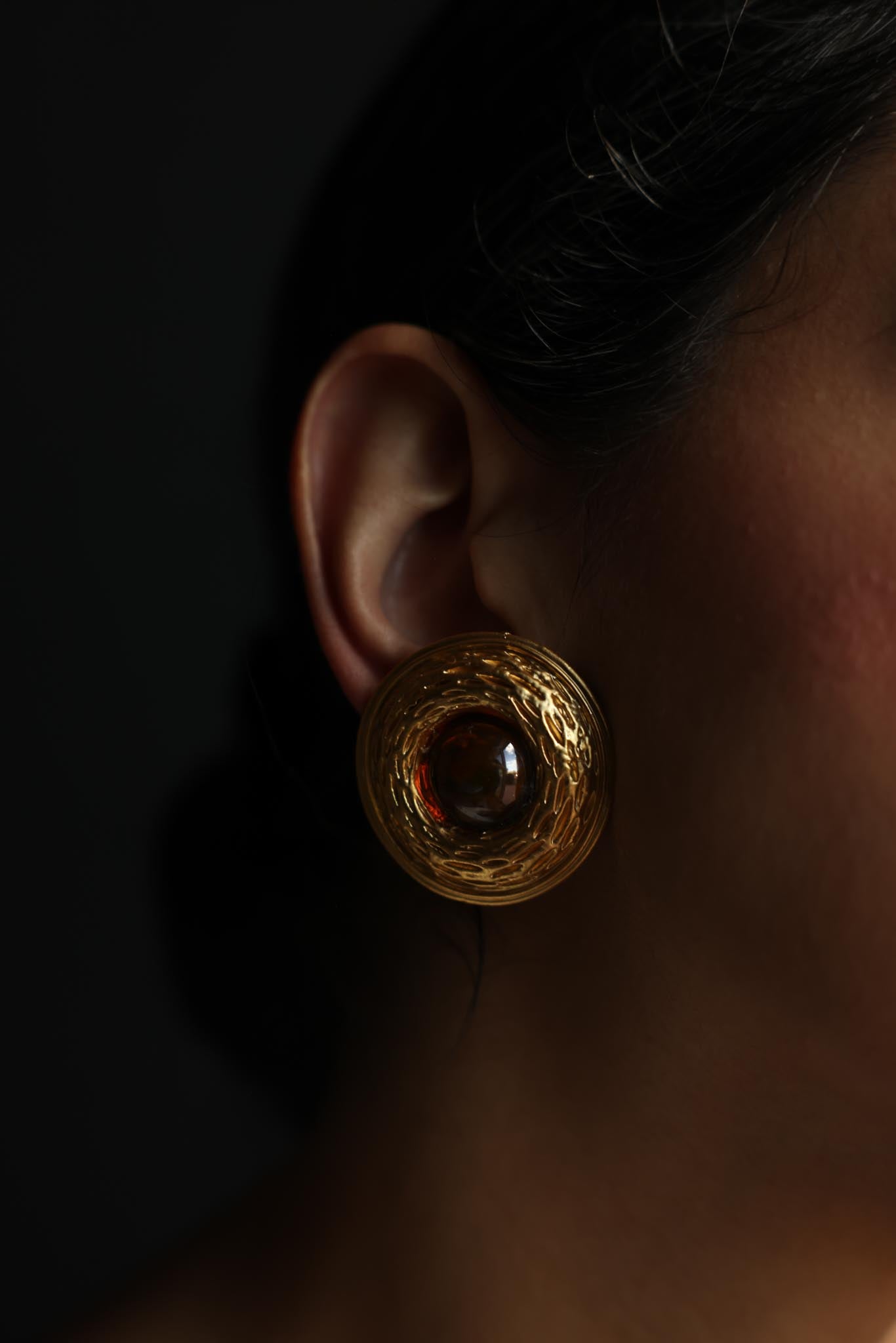 Matte Gold and Amber Cabochon Clip-On Earrings