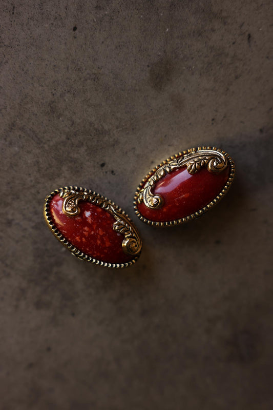 Ornate Oval Cabochon Clip-On Earrings