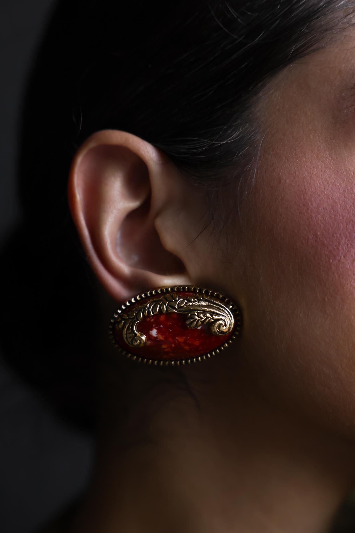 Ornate Oval Cabochon Clip-On Earrings
