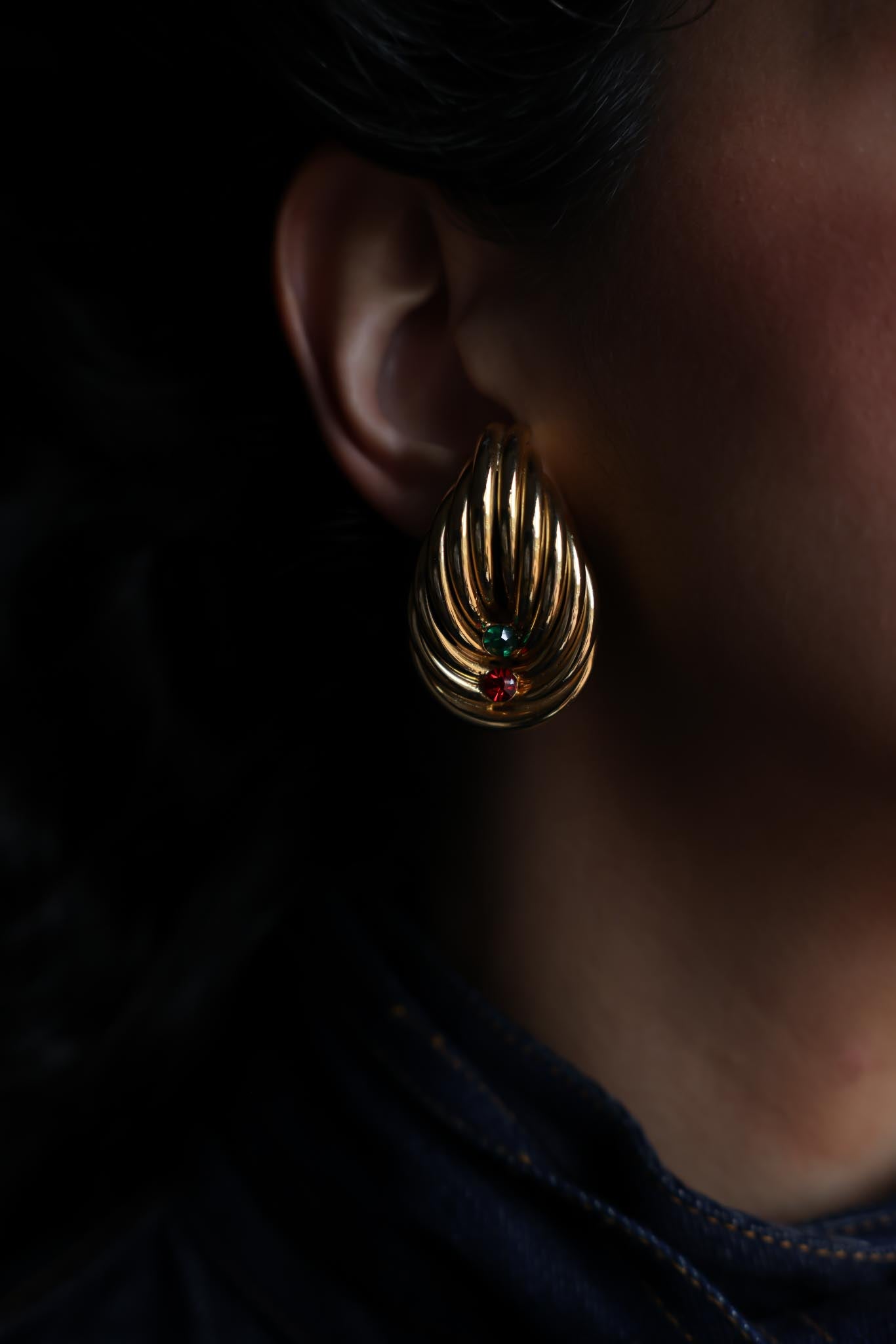 Gold-Tone Clip-On Earrings with Green & Red Accents|Vintage Baazaar 